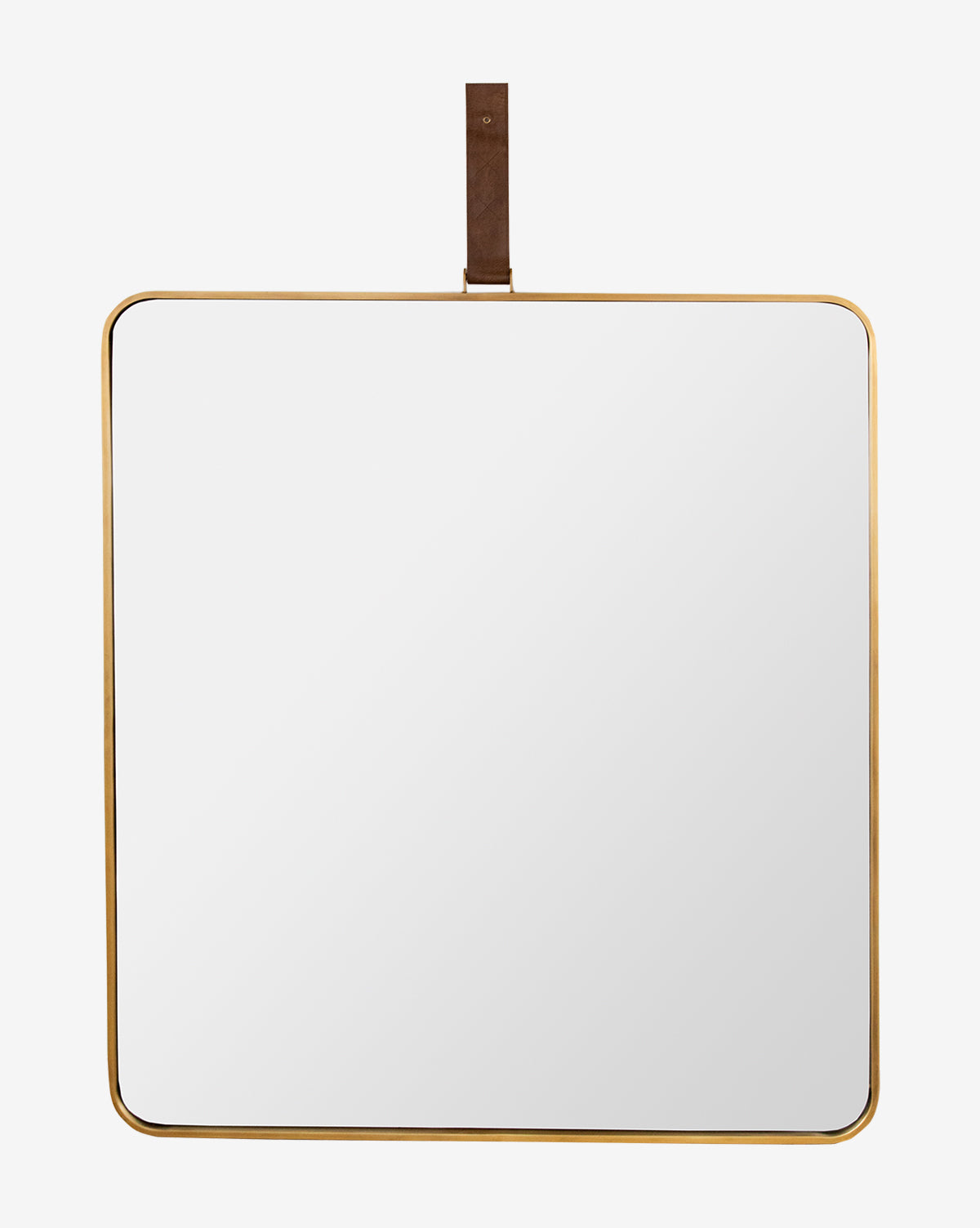 The Laila Rectangle Mirror features shatterproof glass, rounded corners, a gold frame, and hangs from a brown leather strap, adding both durability and style against any white background, by McGee & Co.