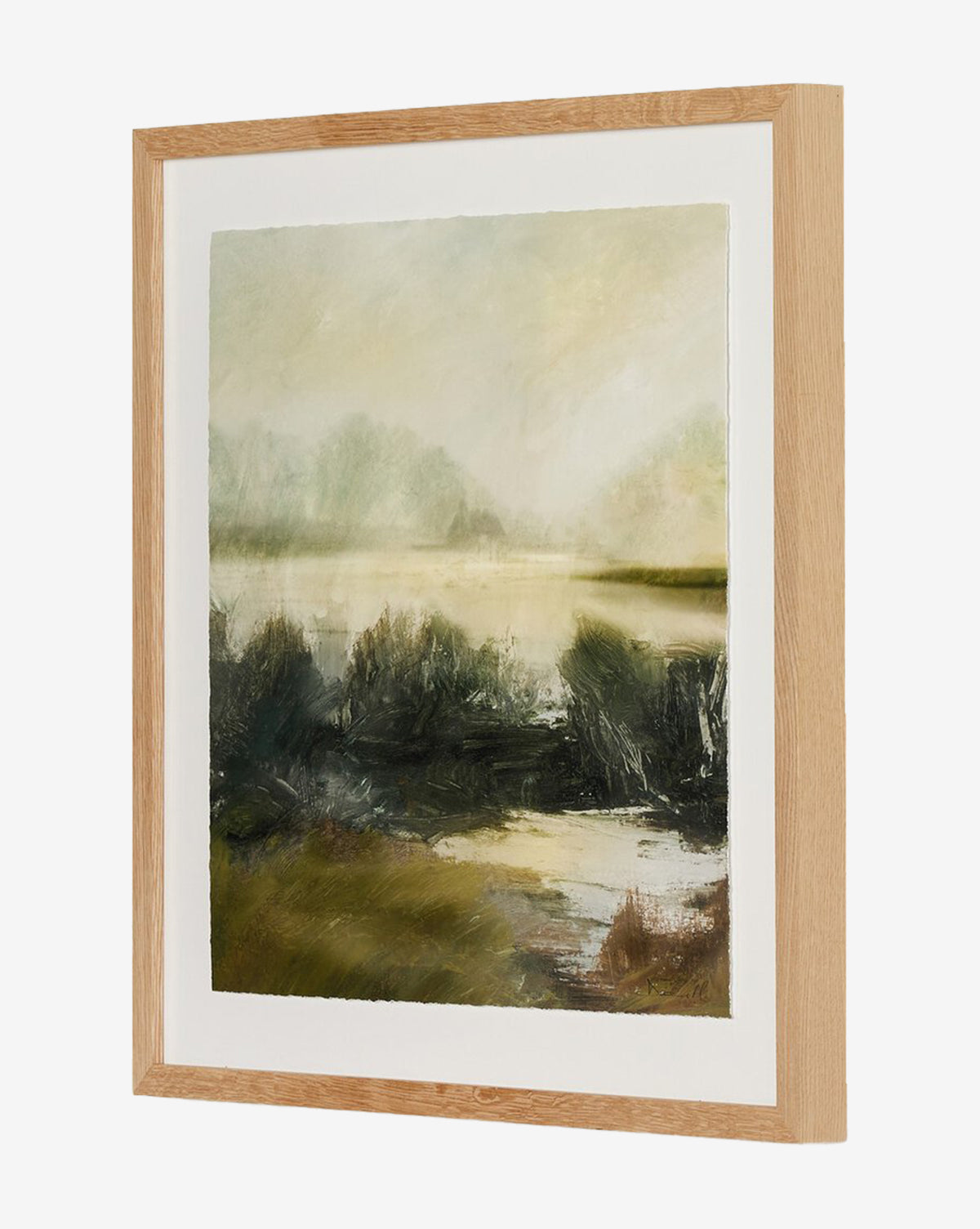Lake House by Dan Hobday is a framed fine art painting showing a misty landscape with river, trees, and bushes beneath an overcast sky. Its light wood frame and muted green-earthy tones create a calm, serene mood—ideal for any space, by McGee & Co.
