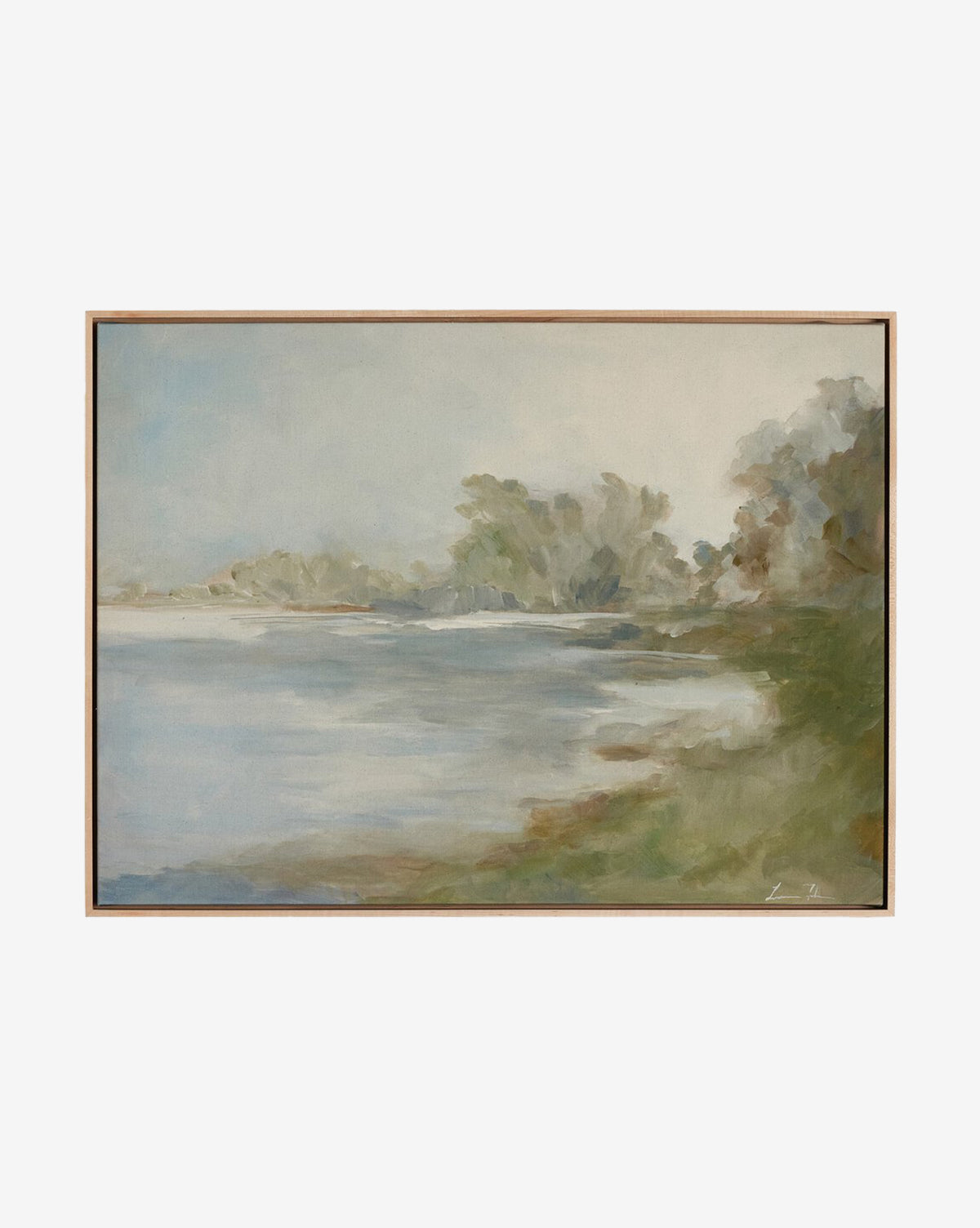 Lake by Lauren Fuhr is a soft, impressionistic giclee print depicting calm water, green foliage, and trees in muted blues, greens, and earthy tones. It’s elegantly framed in a simple maple floater frame.