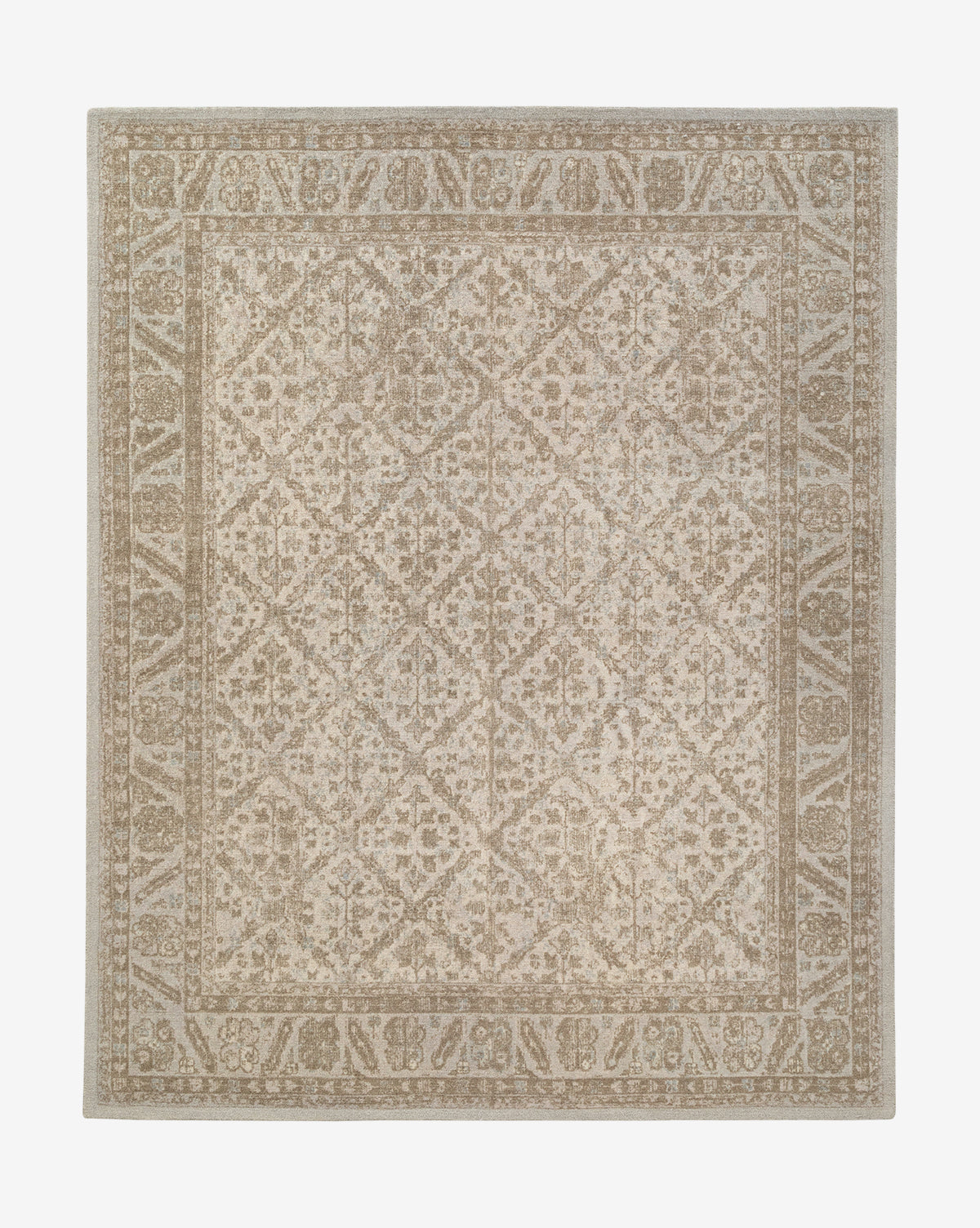 The Lambeth Hand-Tufted Wool Rug features beige and light brown tones with an intricate symmetrical floral and vine pattern, plus a detailed decorative border for a timeless traditional look, by McGee & Co.