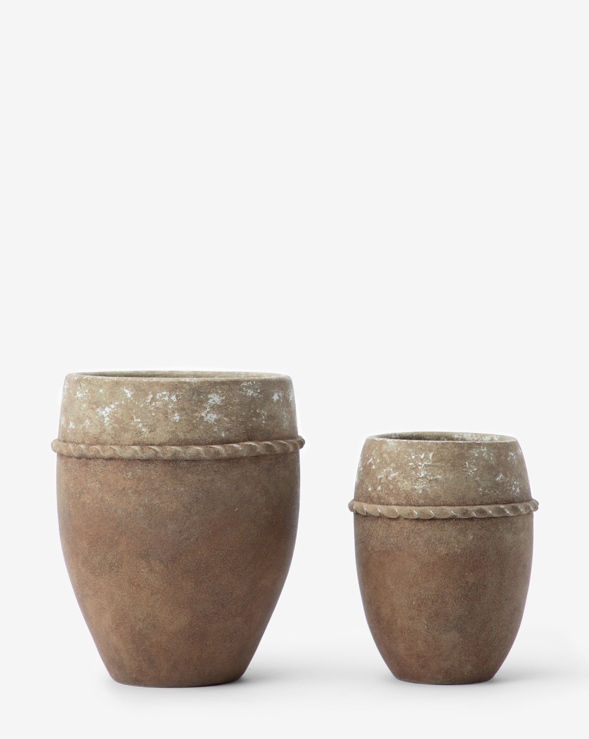 Landis Planter in ceramic with textured matte glaze, shown in small and large sizes from McGee & Co