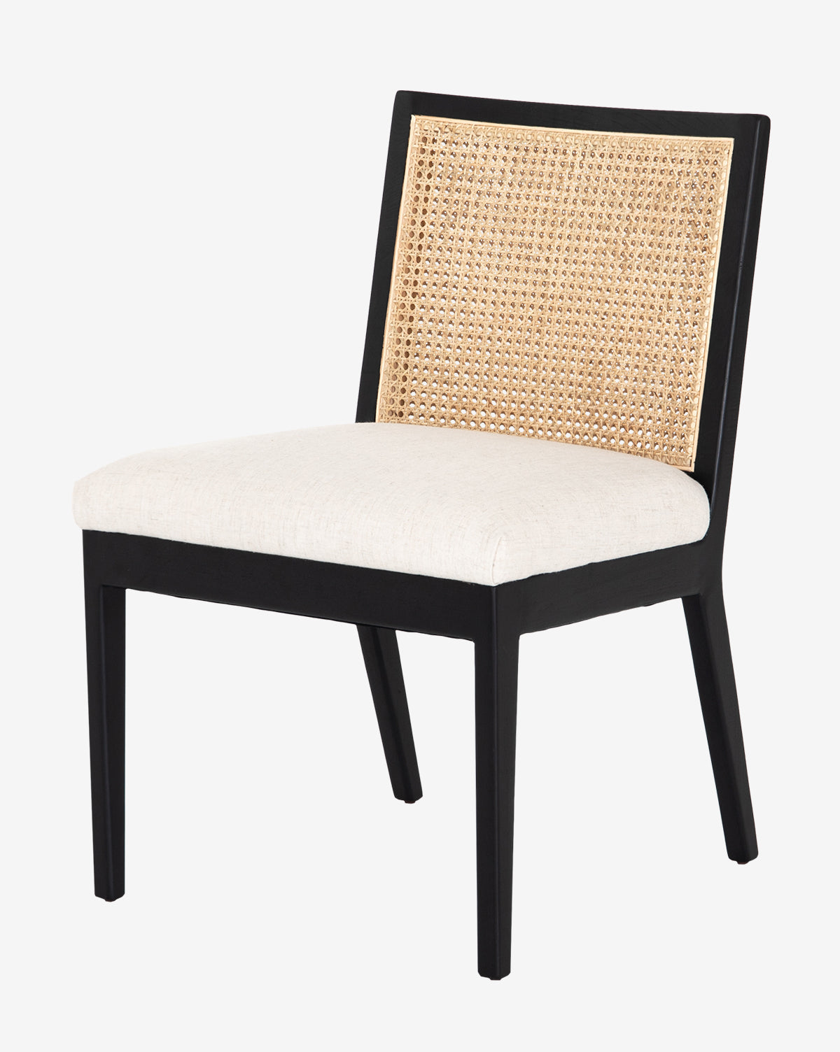 The Landon Dining Chair has a black wood frame, cane back, and beige high-performance fabric cushioned seat, shown on a plain white background by McGee & Co.
