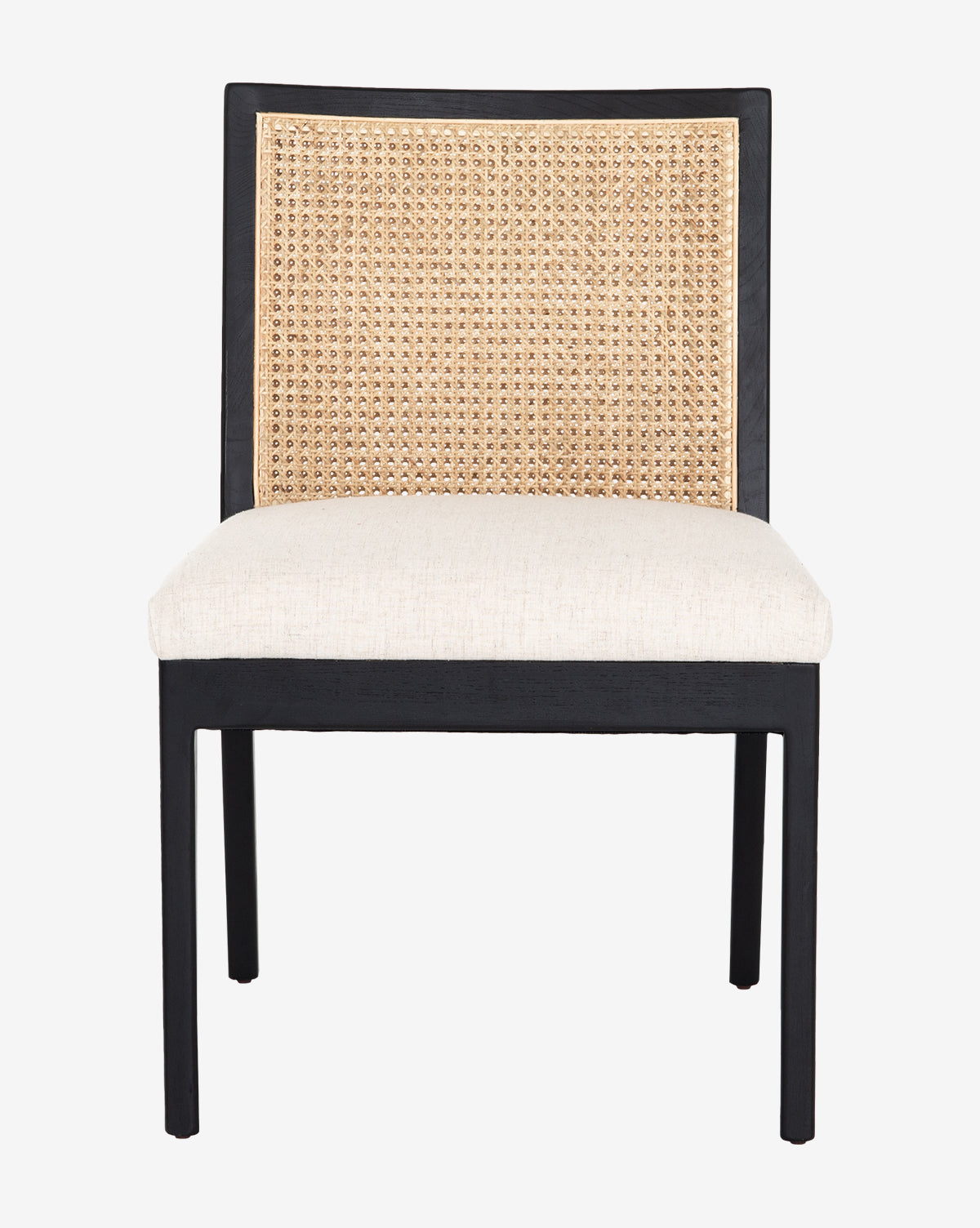 The Landon Dining Chair features a black wooden frame, cane back, and light beige high-performance upholstered seat, shown from the front against a white background, by McGee & Co.