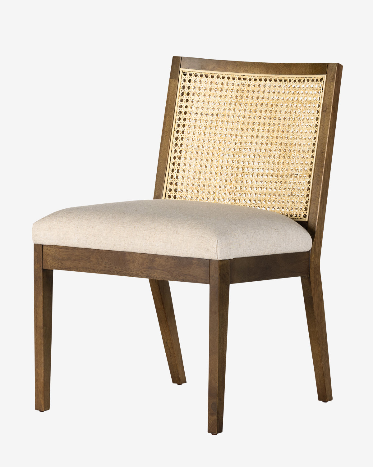 The Landon Dining Chair offers a high-performance light beige cushioned seat and woven cane back, showcased on a plain white background by McGee & Co.