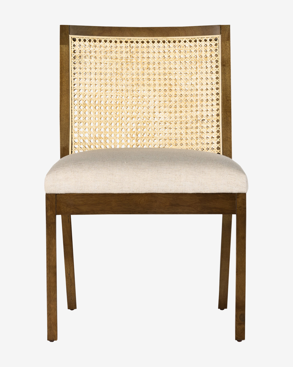 The Landon Dining Chair pairs a light beige, high-performance fabric seat with a woven cane backrest, crafted from wood and shown on a plain white background by McGee & Co.