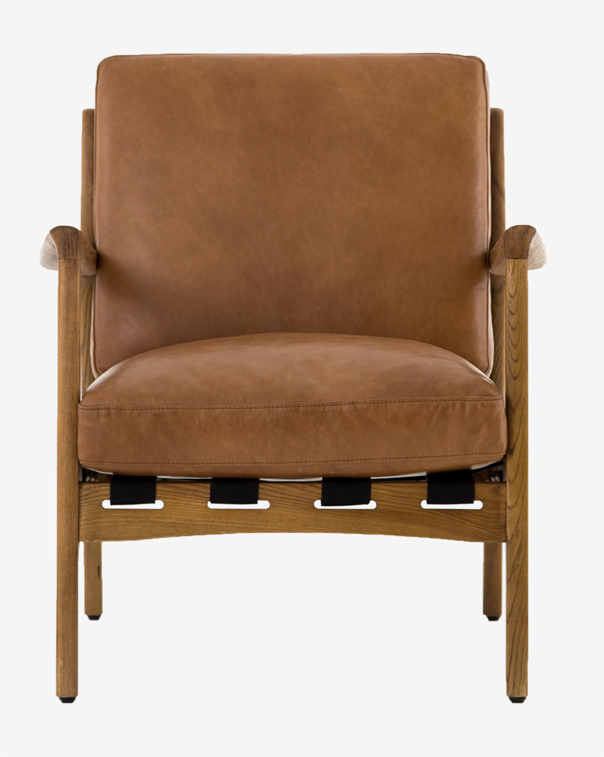 The Lanston accent chair showcases a modern ash wood frame and light brown leather cushions, displayed front-facing against a plain white background from McGee & Co.