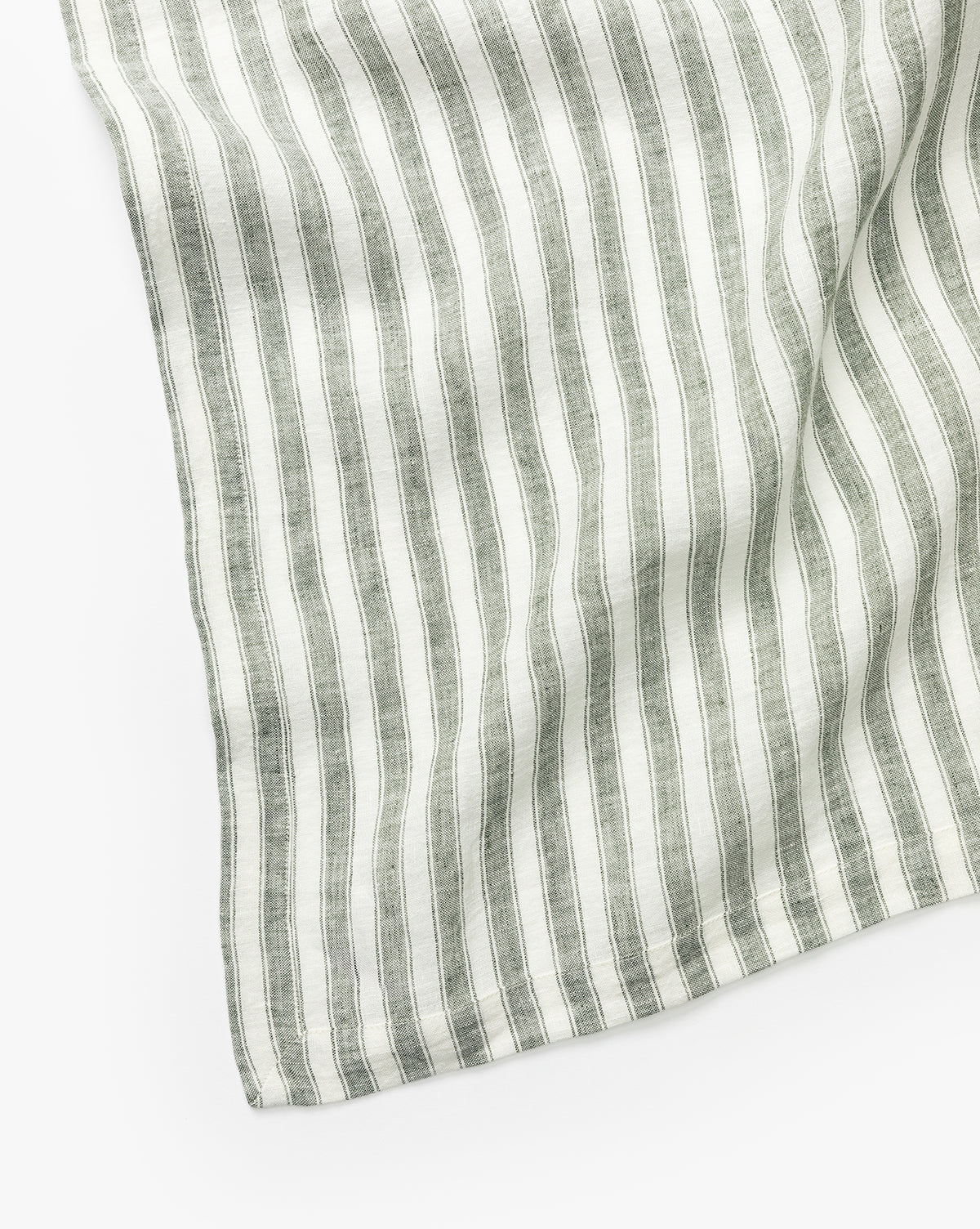 100% linen green and white striped tablecloth design for indoors or outdoors from McGee & Co.