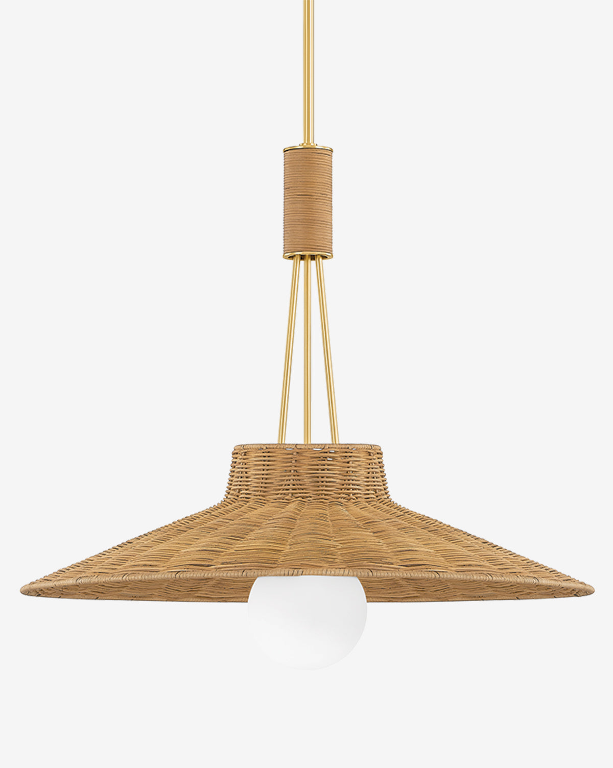 The Laudine Wicker Pendant features a wide natural rattan shade, gold metal supports, and a round white bulb suspended by a wrapped cord—an eye-catching choice for modern lighting against any backdrop, by McGee & Co.