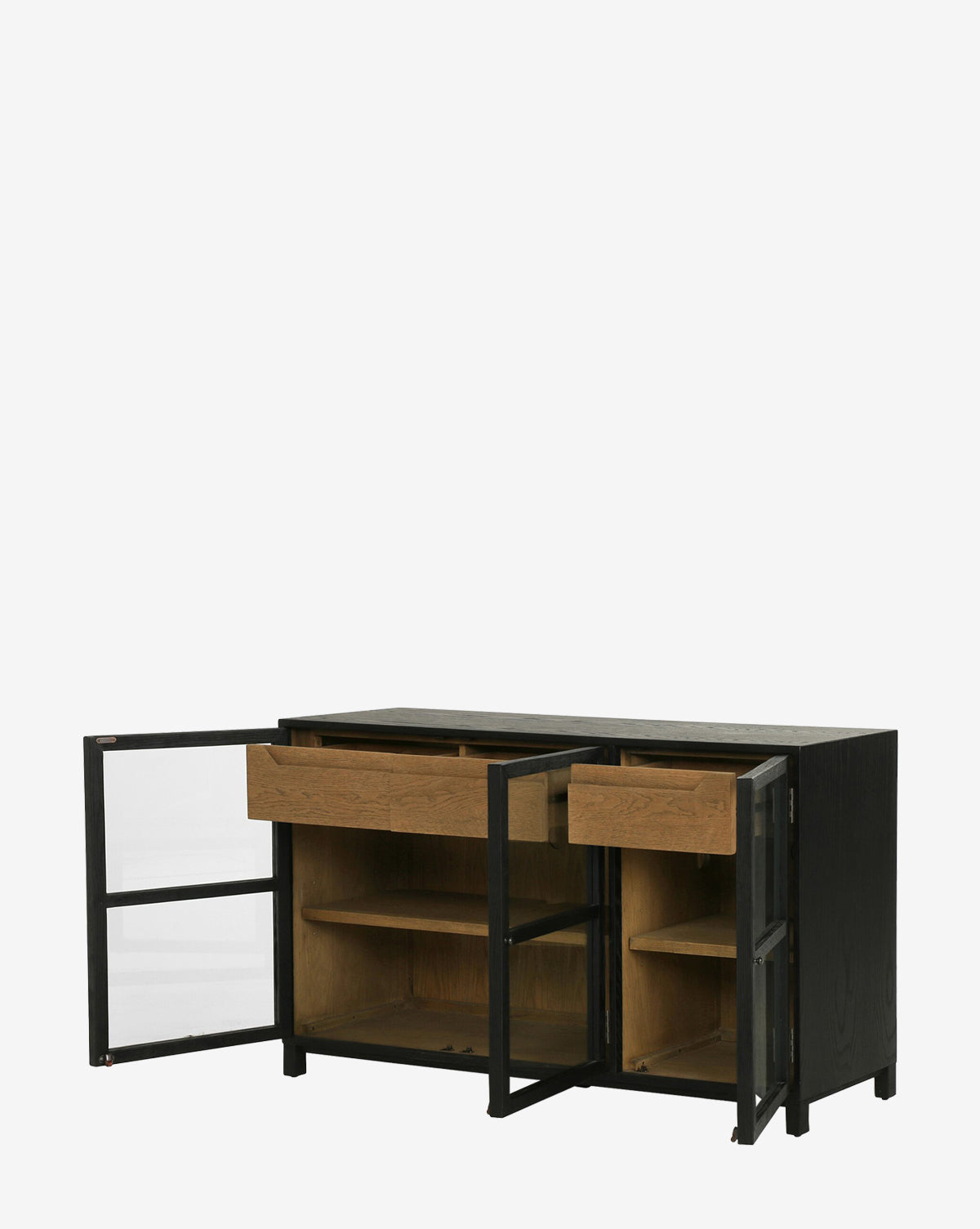 The Laura Sideboard, shown against a plain white background, features a modern black oak wood design with a metal frame, two open doors and drawers, adjustable interior shelves, and a natural drifted finish.