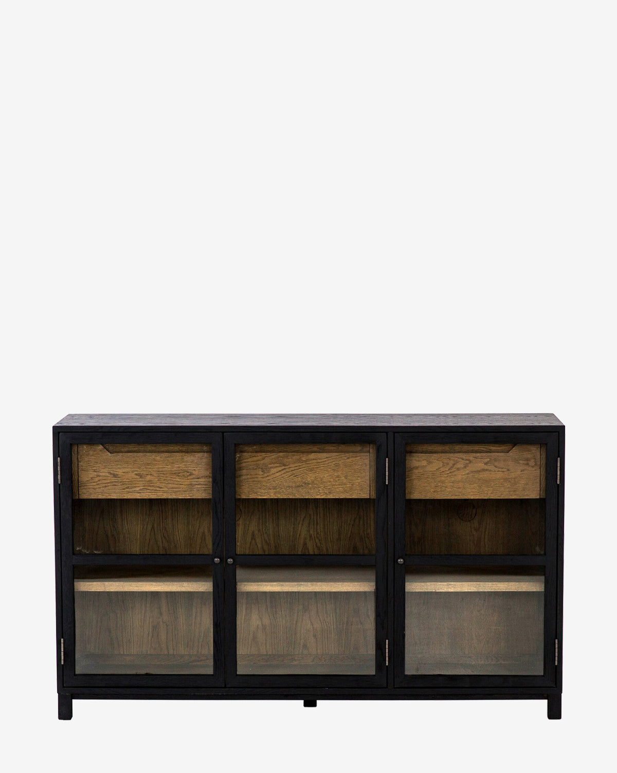 The Laura Sideboard is a rectangular oak cabinet with a dark frame, three glass doors, and interior shelves. It features a natural drifted finish on the shelves and drawers for a modern, stylish look.