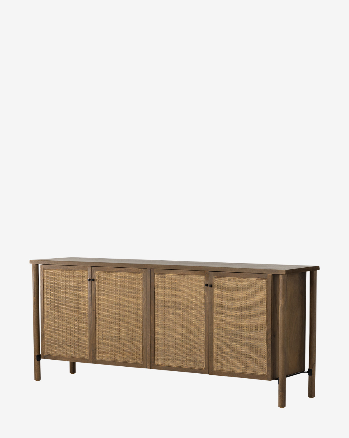 The Lautner Sideboard features four cane door panels and sturdy dowel legs, crafted from wood, shown against a plain white backdrop by McGee & Co.