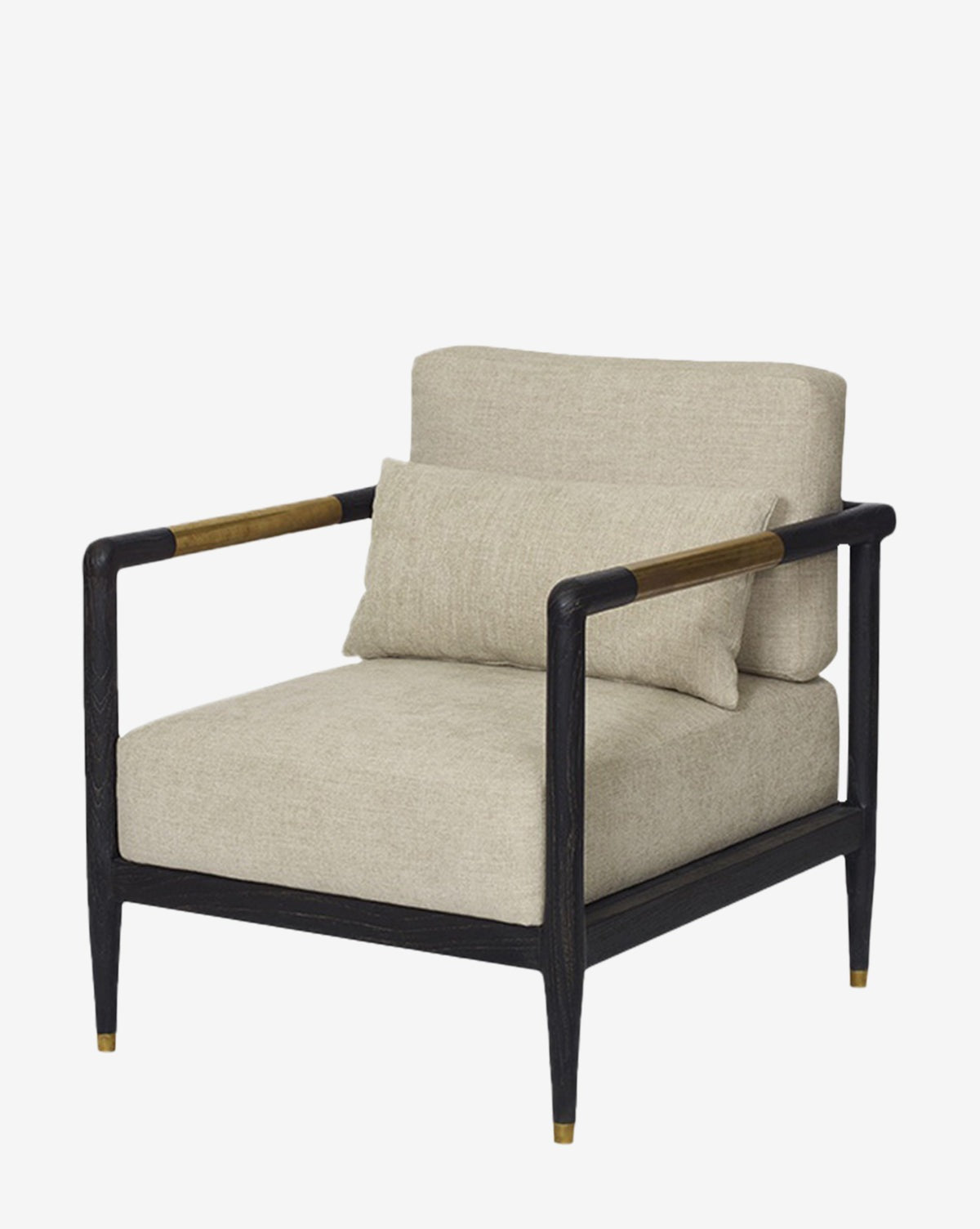 The Layne Lounge Chair has a black wooden frame, beige Crypton fabric cushions, matching lumbar pillow, wooden-accented armrests, and gold-tipped legs for a modern look, by McGee & Co.