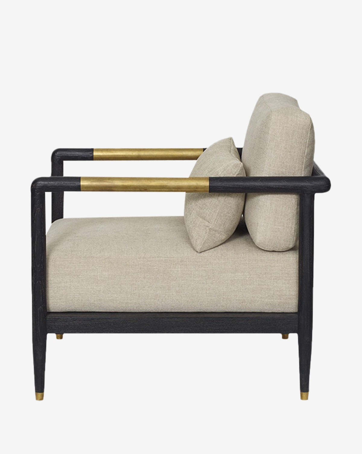 Side view of the Layne Lounge Chair, featuring a modern teak and black wooden frame with gold arm and leg accents, upholstered in beige Crypton fabric on the seat, back, and cushion, shown against a white background by McGee & Co.