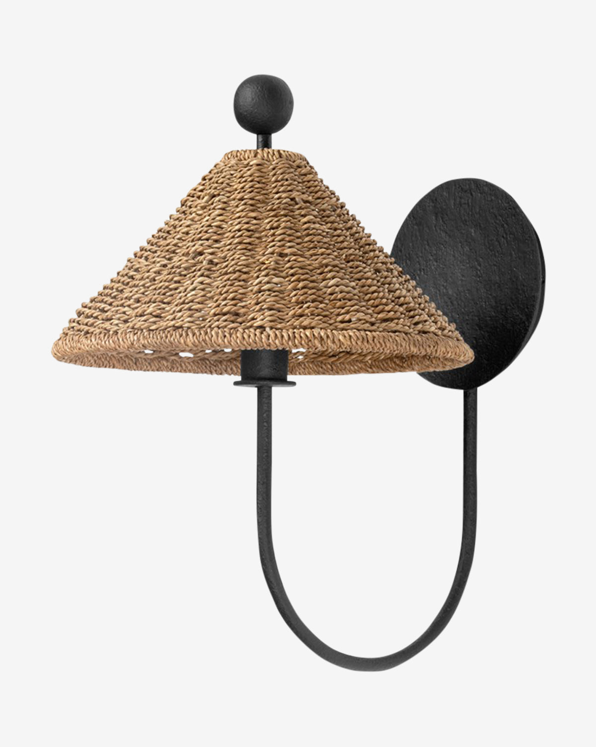Certainly! Here’s your sentence with the exact string McGee & Co. blended at the end: The Layton Wall Sconce by Troy Lighting showcases a cone-shaped shade in woven lampakanay grass, a sleek curved black iron arm, and a round black base by McGee & Co.