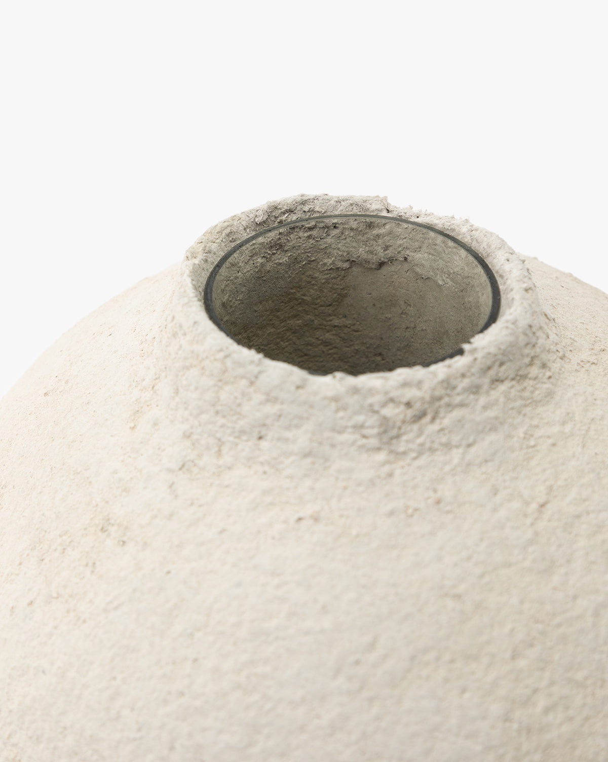Close-up of the top opening of the LeBeau Paper Mache Vase, featuring a circular mouth and rough-textured beige finish, set against a plain white background, by McGee & Co.