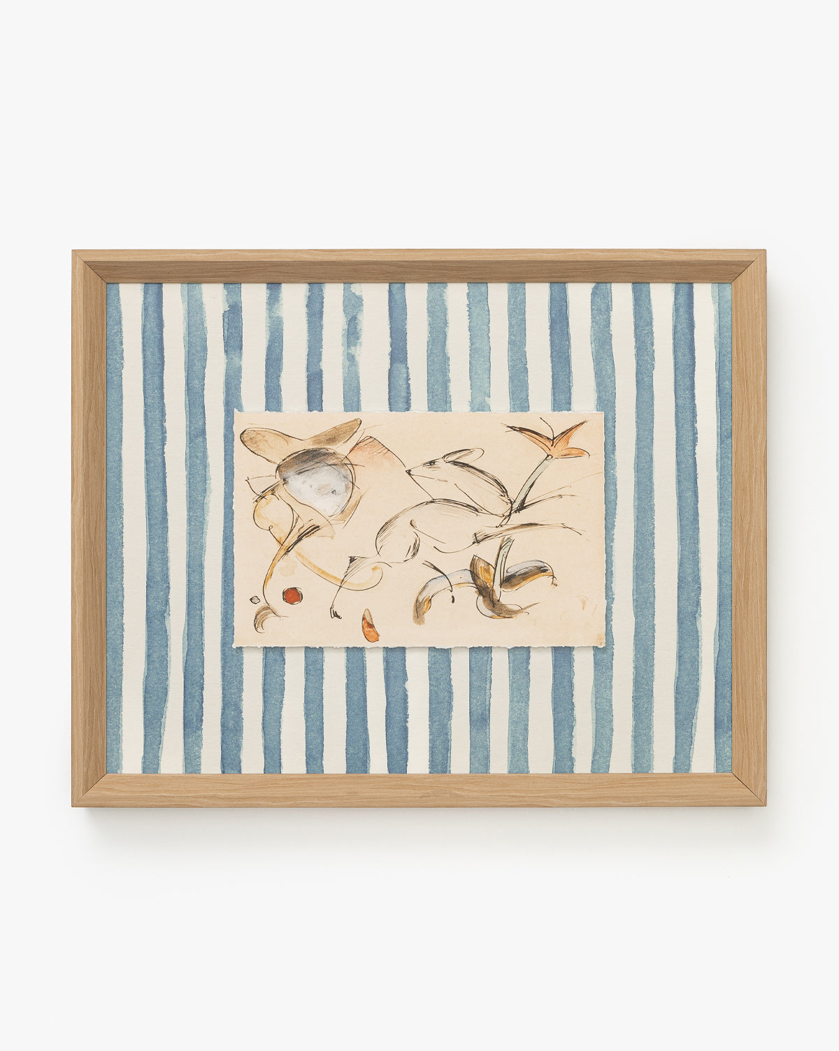 The Leaping Doe among the Flowers framed art print features an abstract floral sketch in muted tones on a cream background, set over blue and white vertical stripes, by McGee & Co. A light wood frame adds a modern touch to your decor.