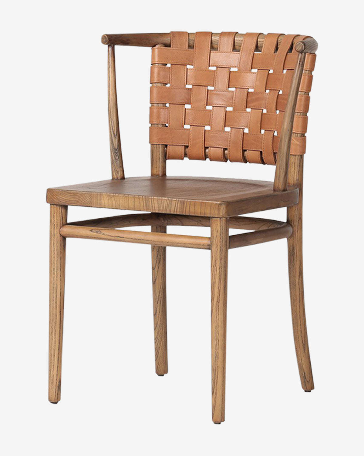The Lennon Dining Chair features a tan leather seat, a woven leather backrest, and a sleek wooden frame with clean lines—an ideal compact choice for contemporary spaces, by McGee & Co.