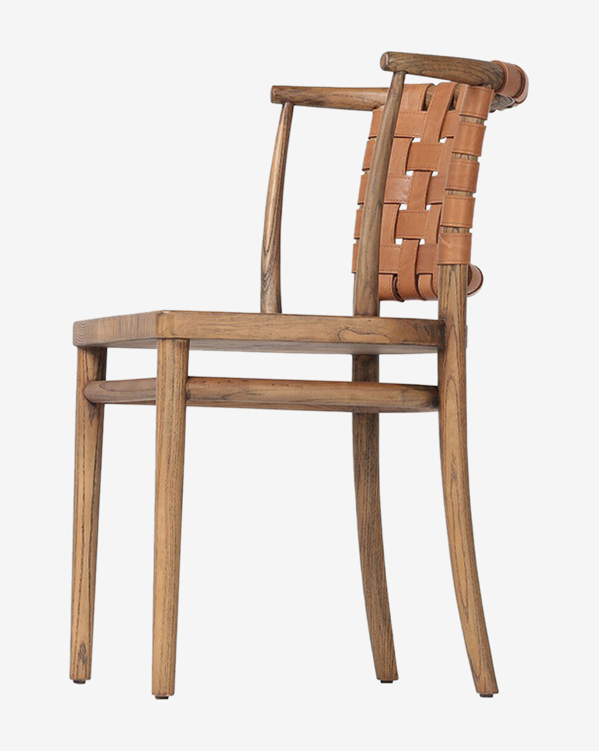Side view of the Lennon Dining Chair, featuring a woven leather seat and back, light wood frame and legs, and a solid wood seat. Its compact, minimalist design blends modern style with rustic charm, by McGee & Co.