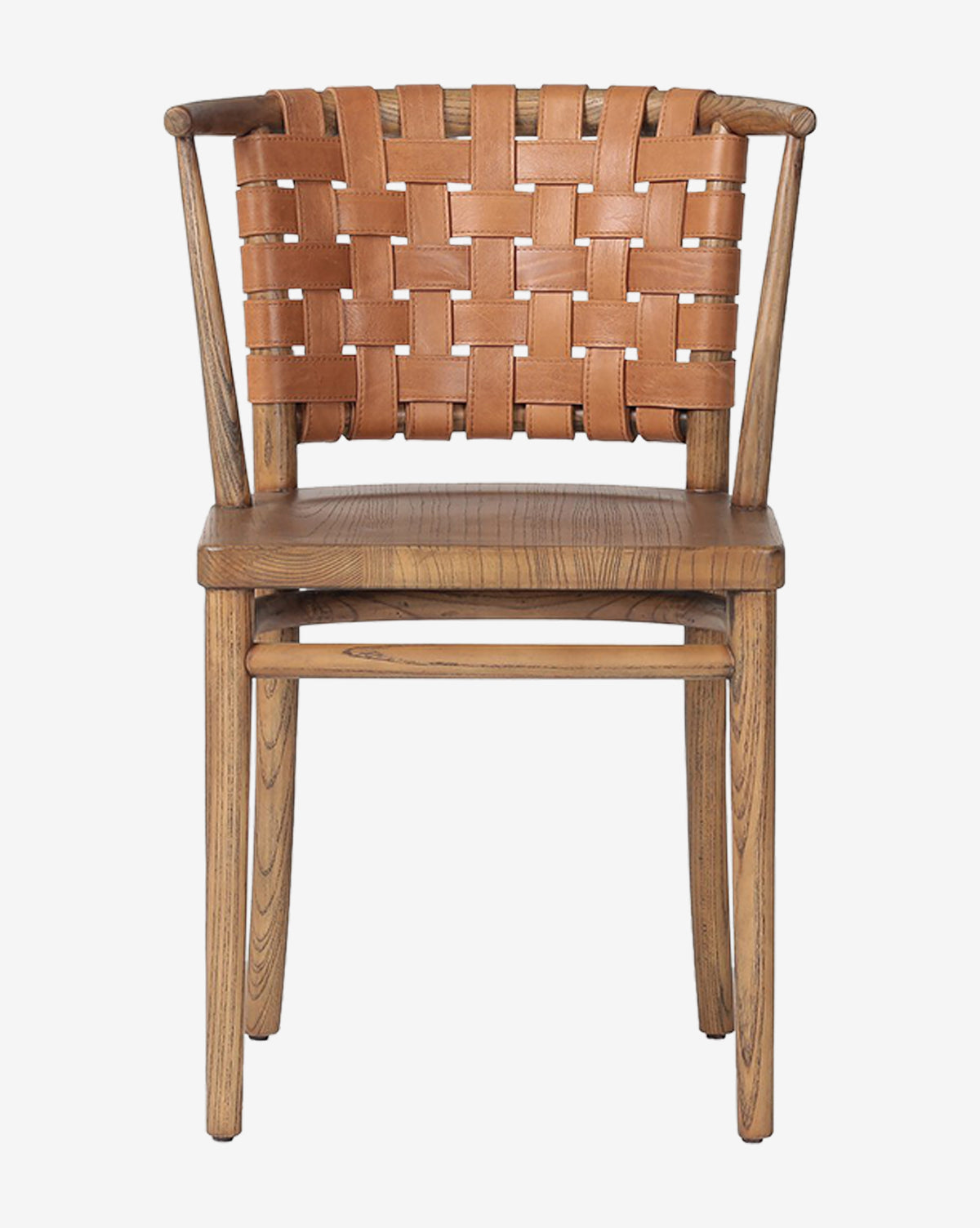 The Lennon Dining Chair is a compact piece with a light brown wooden finish, four legs, and a seat. Its backrest features wide, woven tan leather straps by McGee & Co.