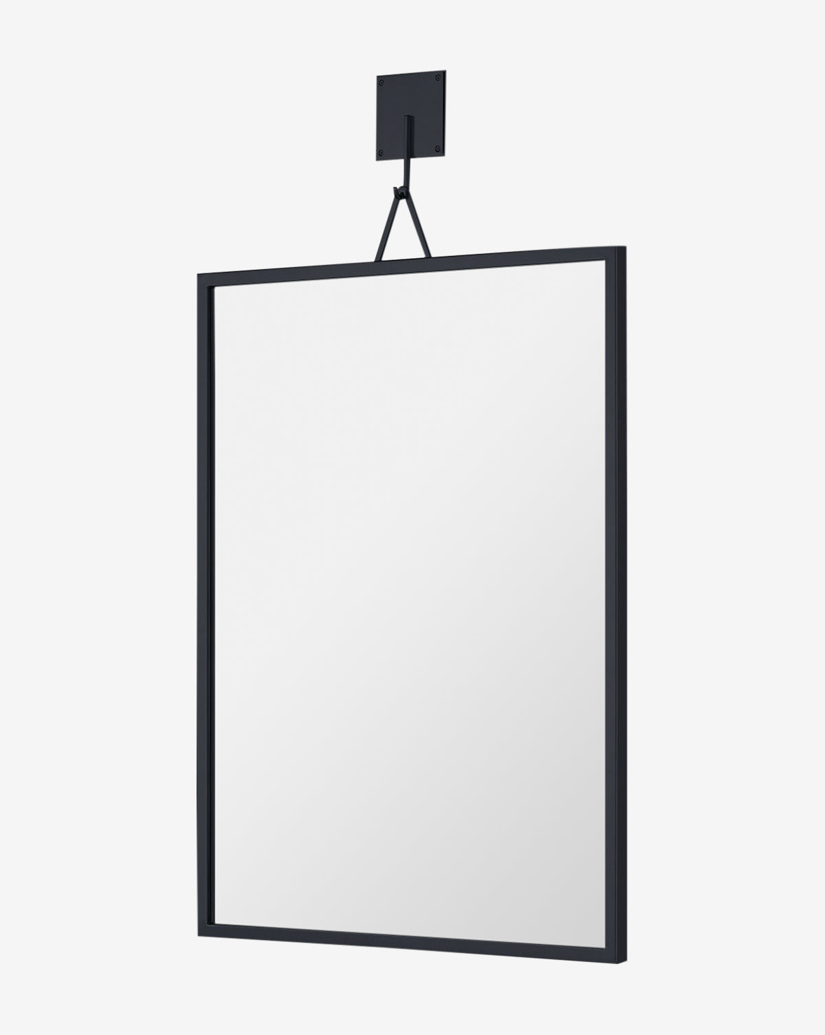 The Leonidas Wall Mirror, a rectangular industrial piece with a thin black frame, hangs vertically from a black square wall mount with a strap, set against a plain white background by McGee & Co.