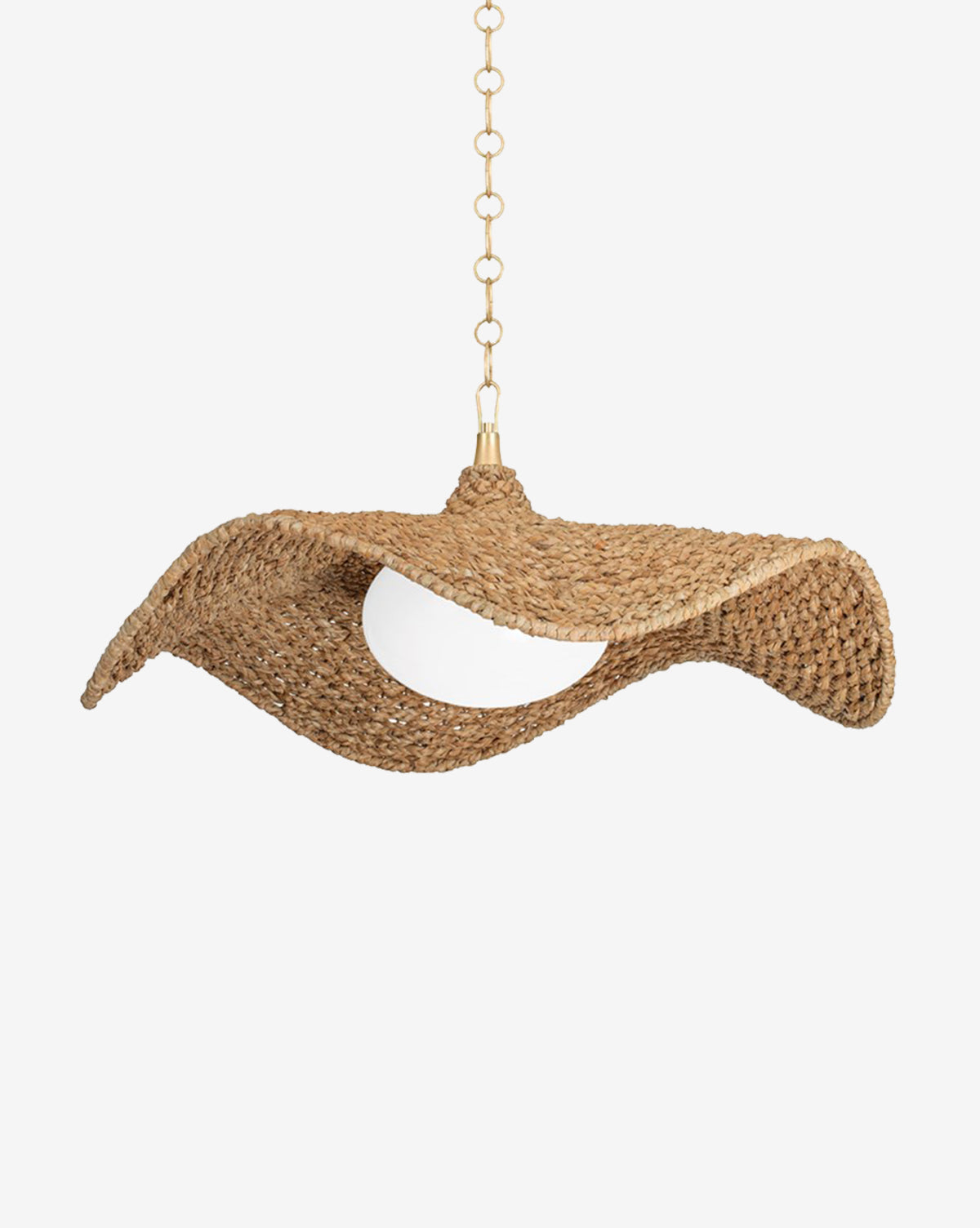 The Levene Pendant by Troy Lighting features a vintage gold finish and a woven, wavy rattan shade, suspended from a gold chain to bring timeless style into any space. McGee & Co.