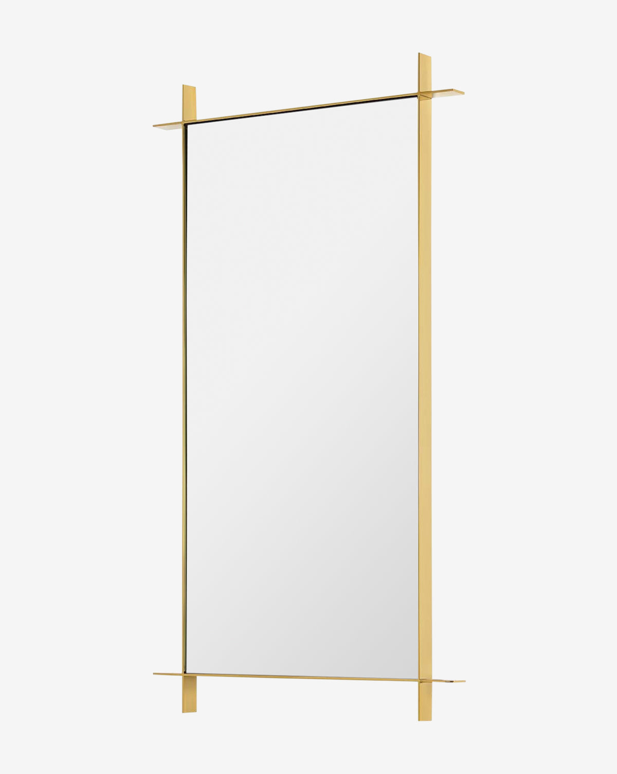 The Levon Wall Mirror features a thin gold metal frame that extends slightly at the corners for a minimalist, modern look. This elegant mirror is shown against a plain white background by McGee & Co.