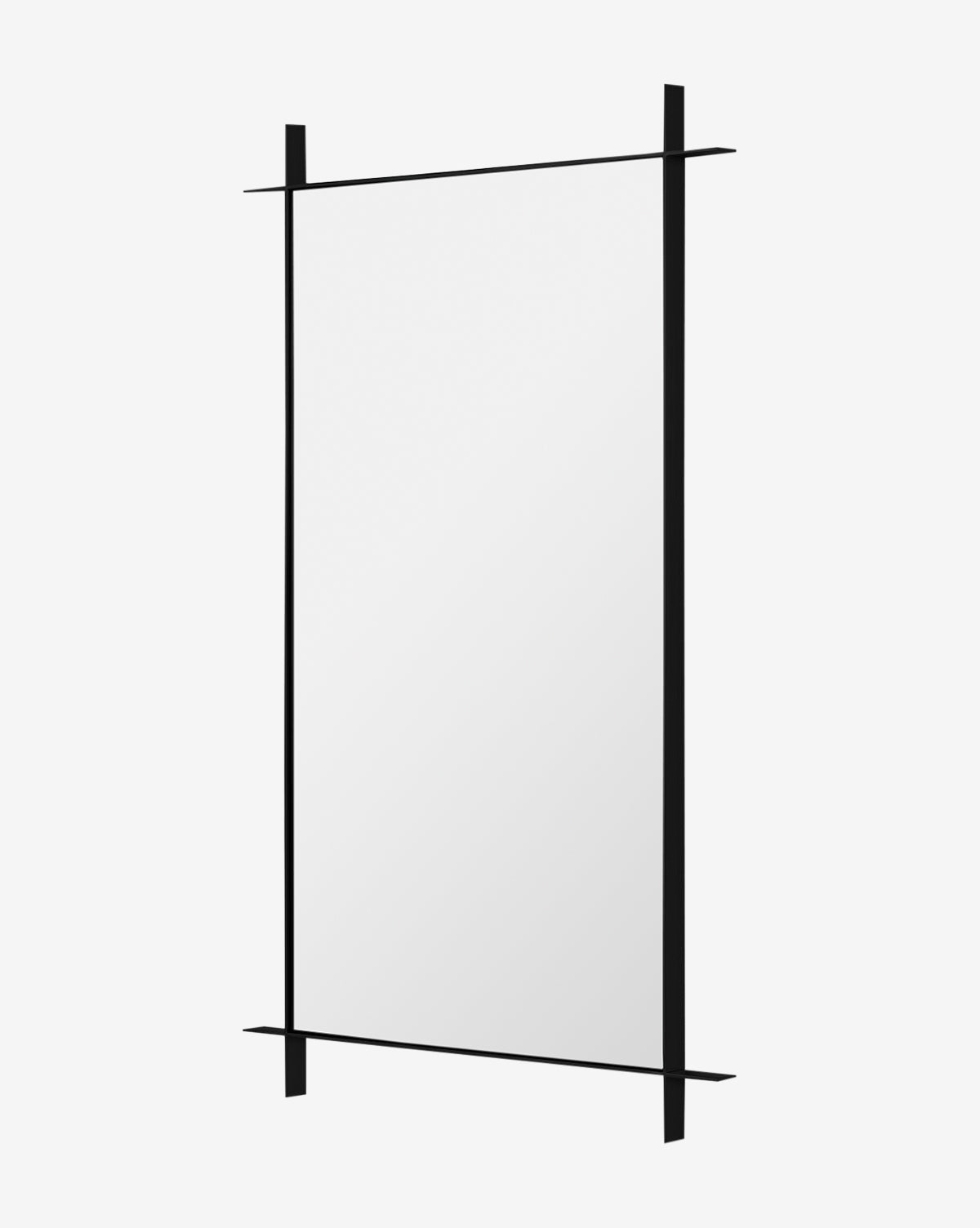 The Levon Wall Mirror features a minimalist rectangular design with slim black metal bars extending beyond the top and bottom edges, creating a modern look against a plain white background, by McGee & Co.