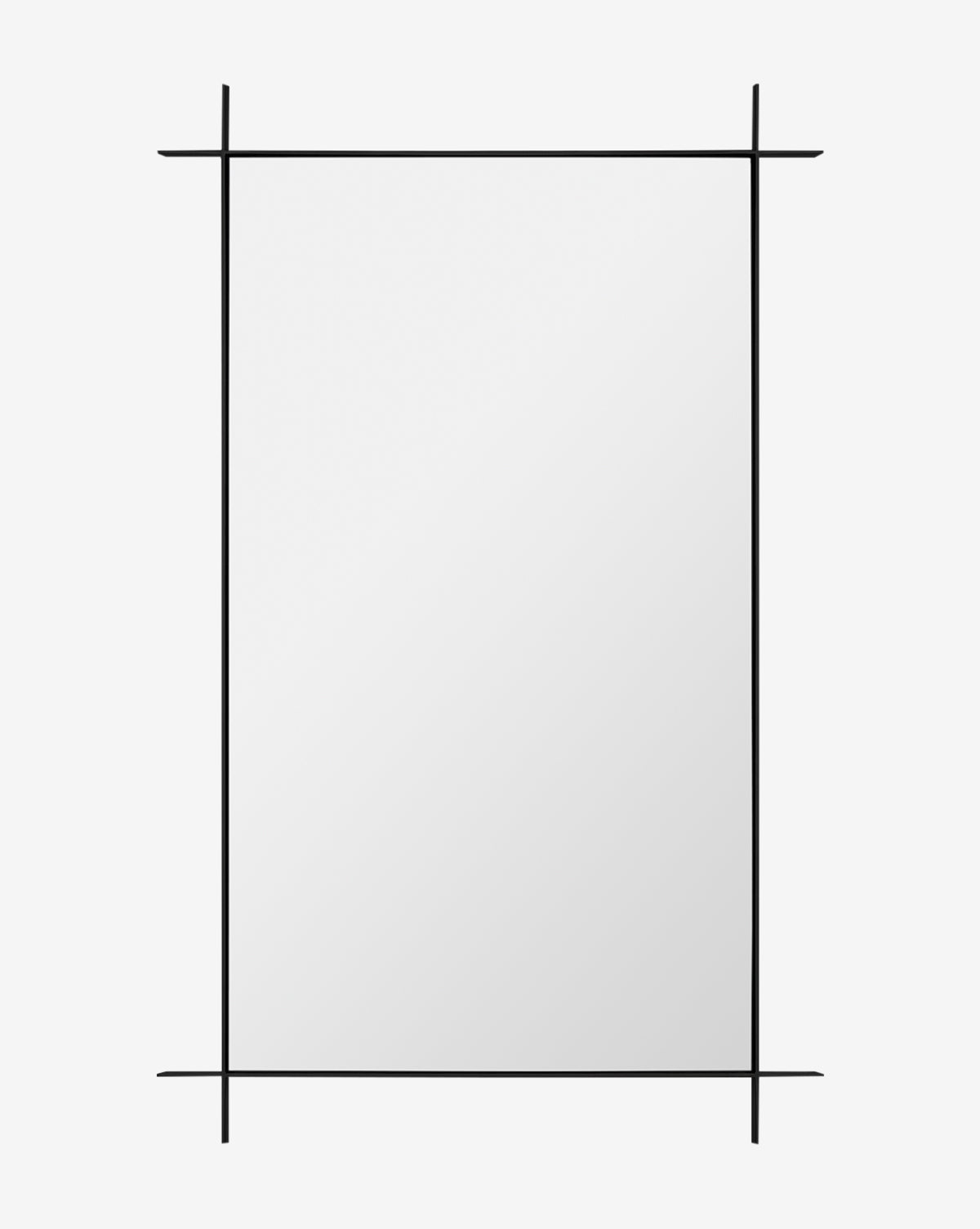 The Levon Wall Mirror is a rectangular design with a thin black frame and four lines extending beyond each corner, adding a simple, modern touch to your decor against a white background, by McGee & Co.