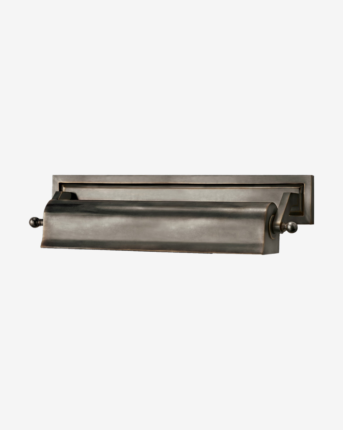 The Visual Comfort & Co. Signature Library Picture Light is wall-mounted with an antique look, classic design, rectangular backplate, and horizontal cylindrical shade in dark weathered bronze. McGee & Co.