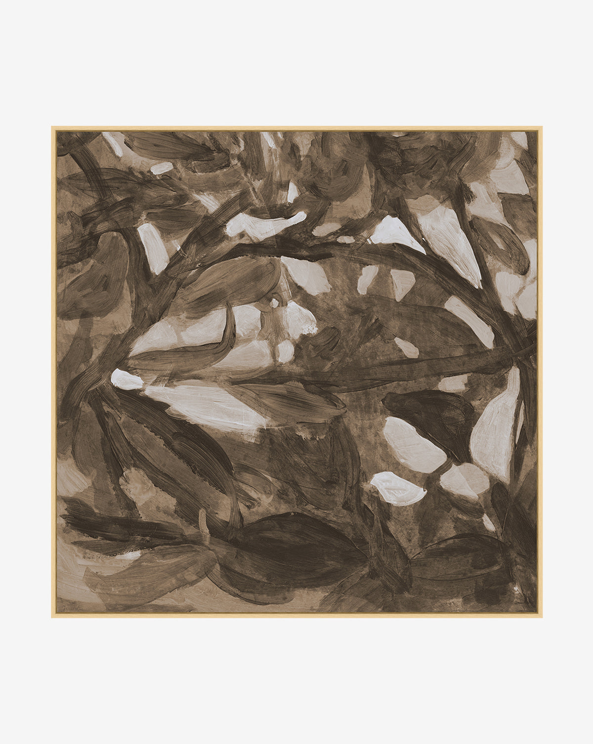 Light of Summer by Cheryl Clinton features abstract, swirling brown and white brushstrokes on a rectangular giclee canvas with a slim light wood frame—ideal for adding organic texture to neutral home decor.