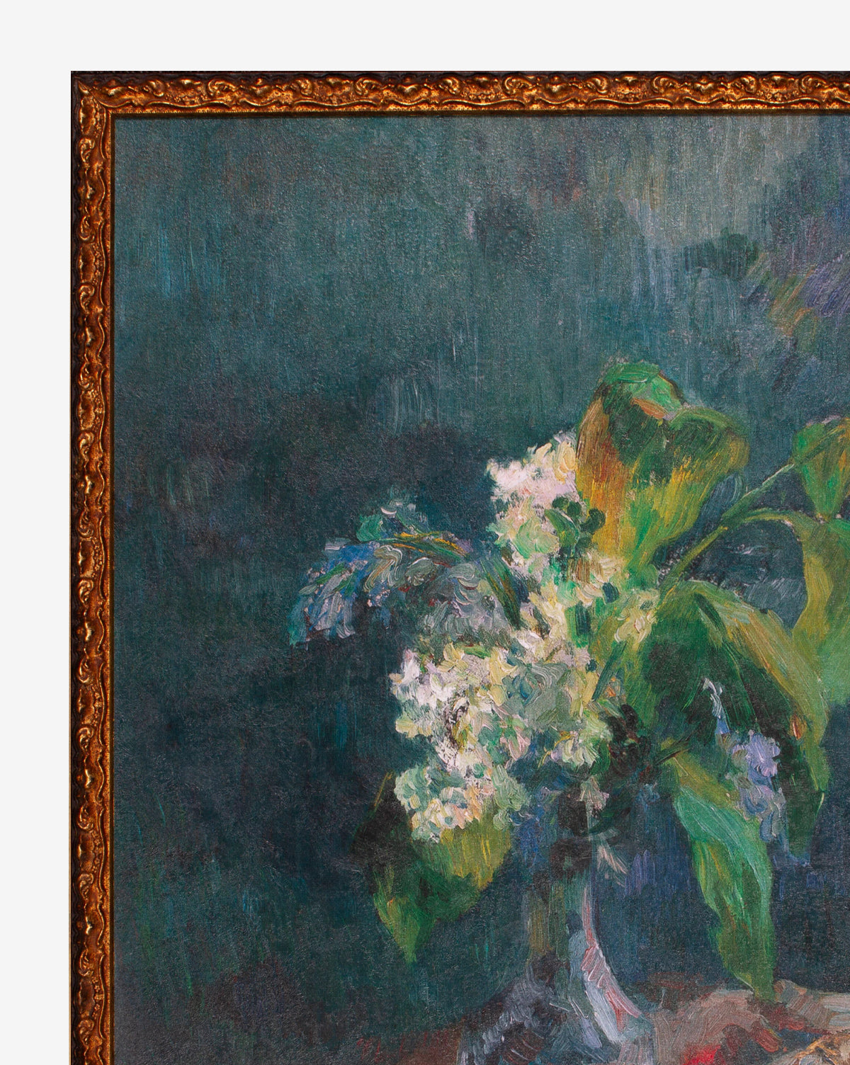 Gallery-quality framed Lilac in a Vase painting featuring white and green lilacs with lush leaves in a glass vase, set against a dark, textured teal background, by McGee & Co.