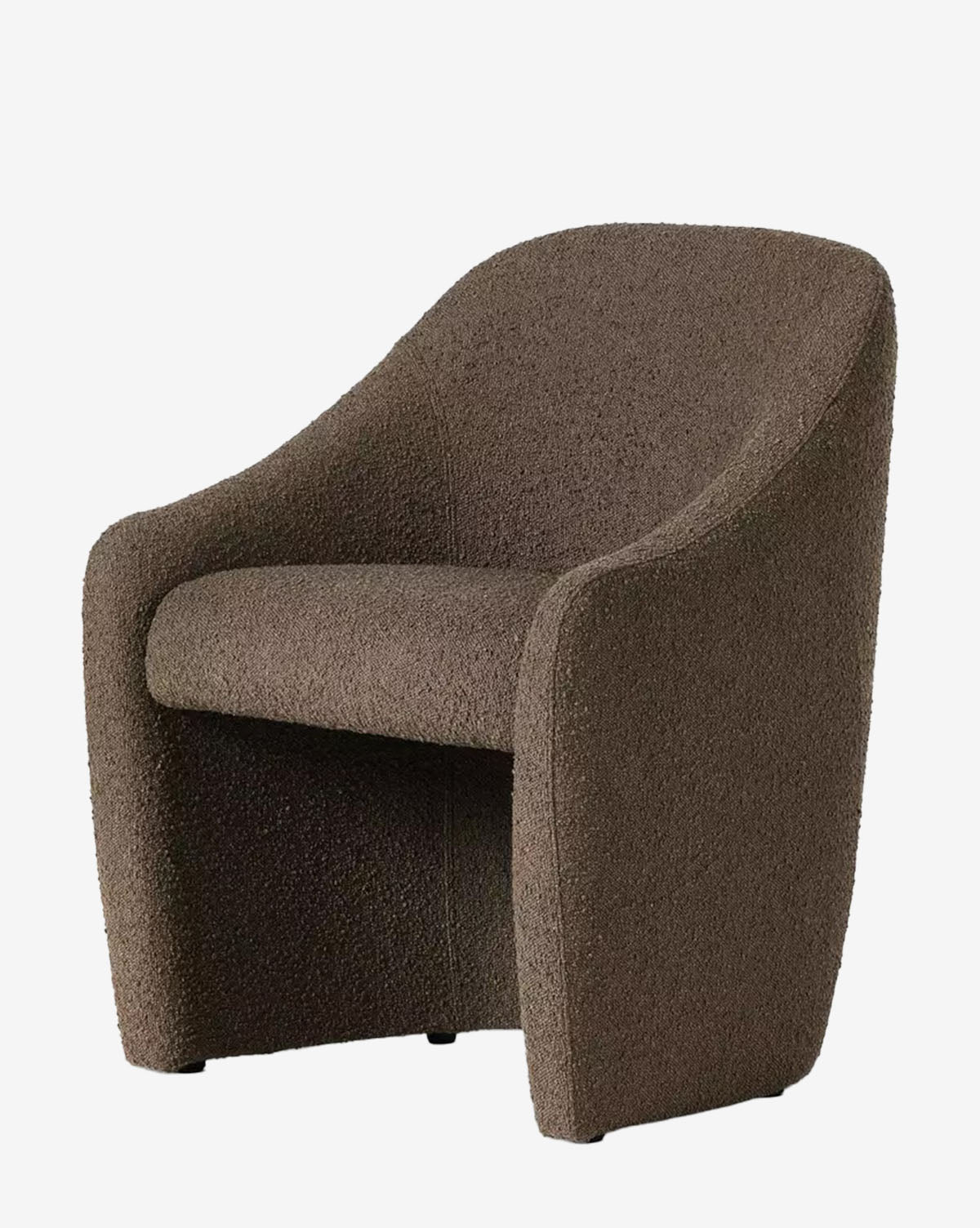 The Lilou Dining Chair features rounded edges, a curved backrest, integrated armrests, and brown performance fabric upholstery—an ideal modern upgrade for any dining space, by McGee & Co.