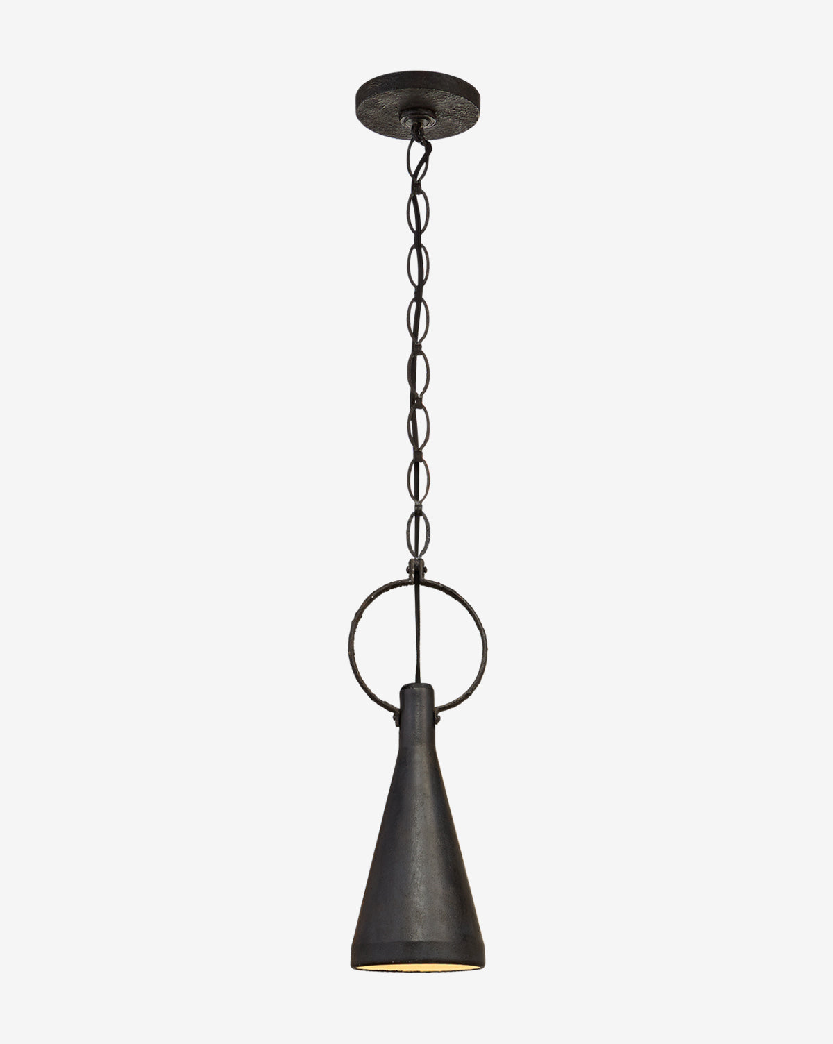 The Limoges Pendant features a conical black metal shade, suspended by a chain with a circular ring accent, highlighting bold simplicity against a plain white backdrop, by McGee & Co.