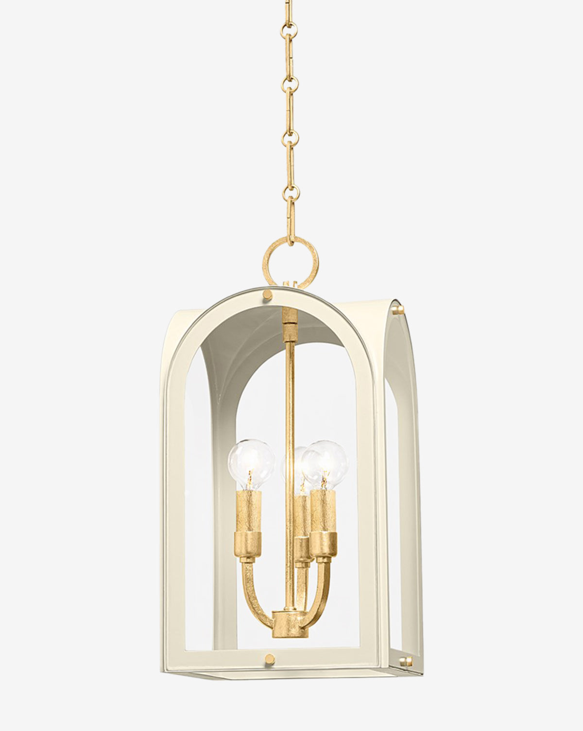 The Lincroft Lantern is a pendant light with a vintage gold leaf chain, a white arched frame, and three exposed candelabra bulbs on gold holders inside, by McGee & Co.