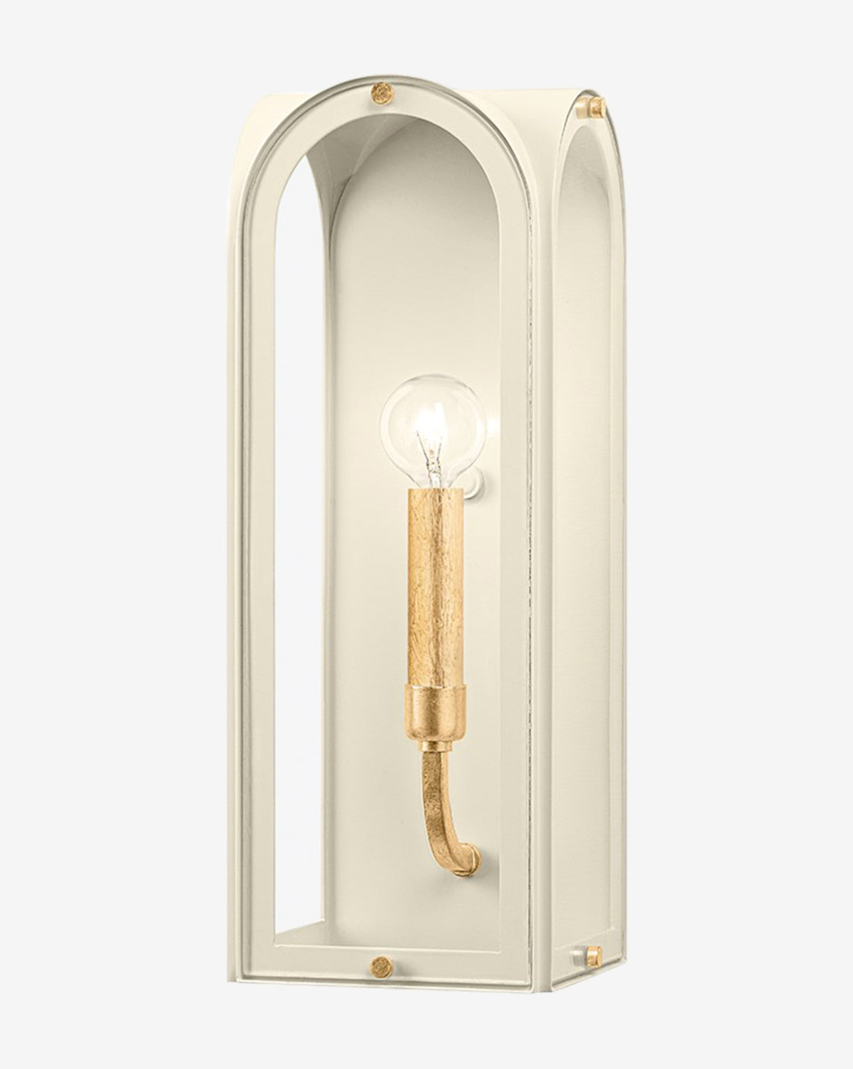 The Lincroft Lantern Sconce by Hudson Valley Lighting features a vintage gold-leaf finish, an arched open cream frame, and a single exposed candelabra bulb with a gold-toned vertical holder against a plain backdrop. McGee & Co.