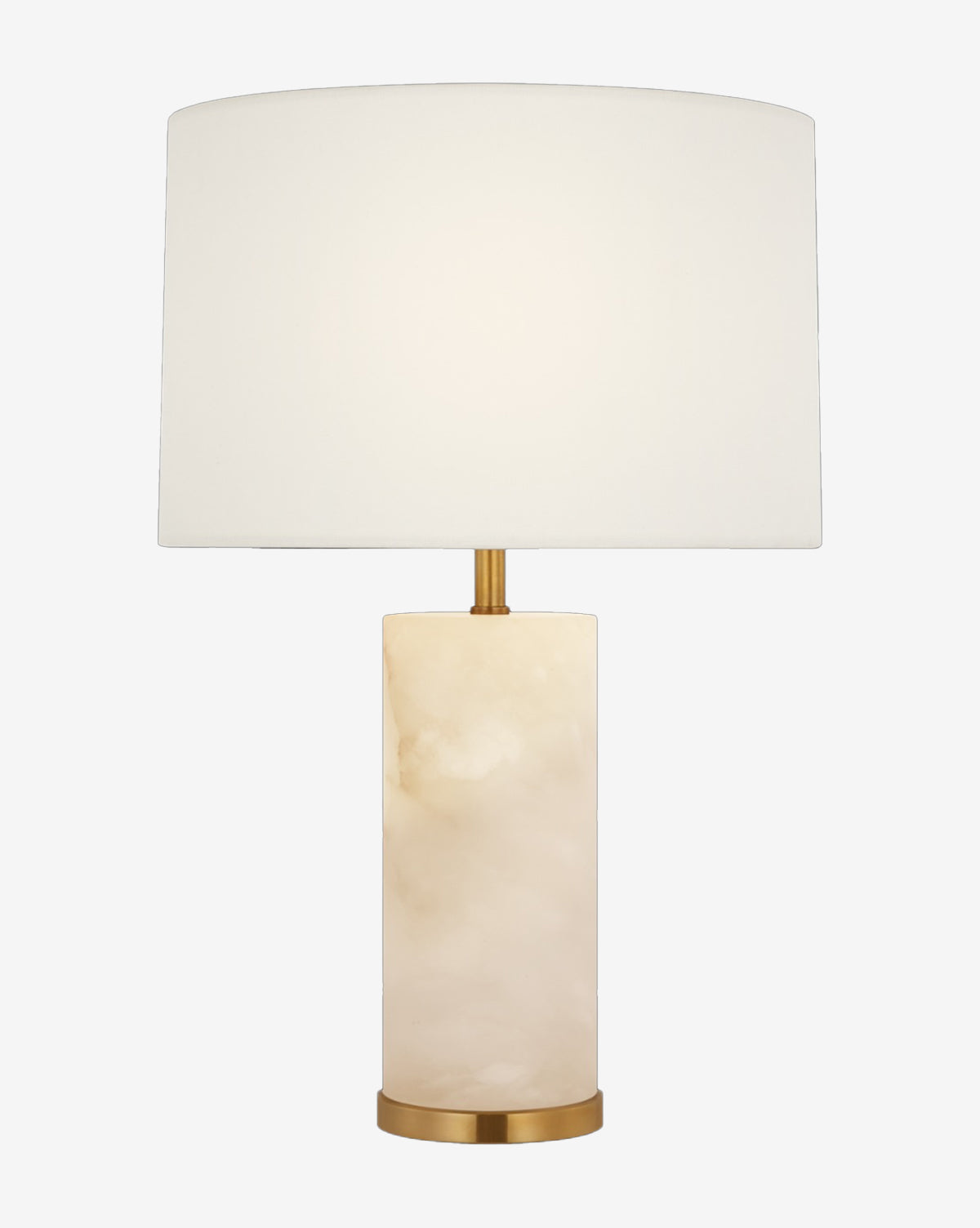 The Lineham 16 Cordless Accent Lamp by Visual Comfort & Co. Signature features a cylindrical marble base, brass accents, and a large white drum shade. The lamp is shown illuminated against a plain background. McGee & Co.