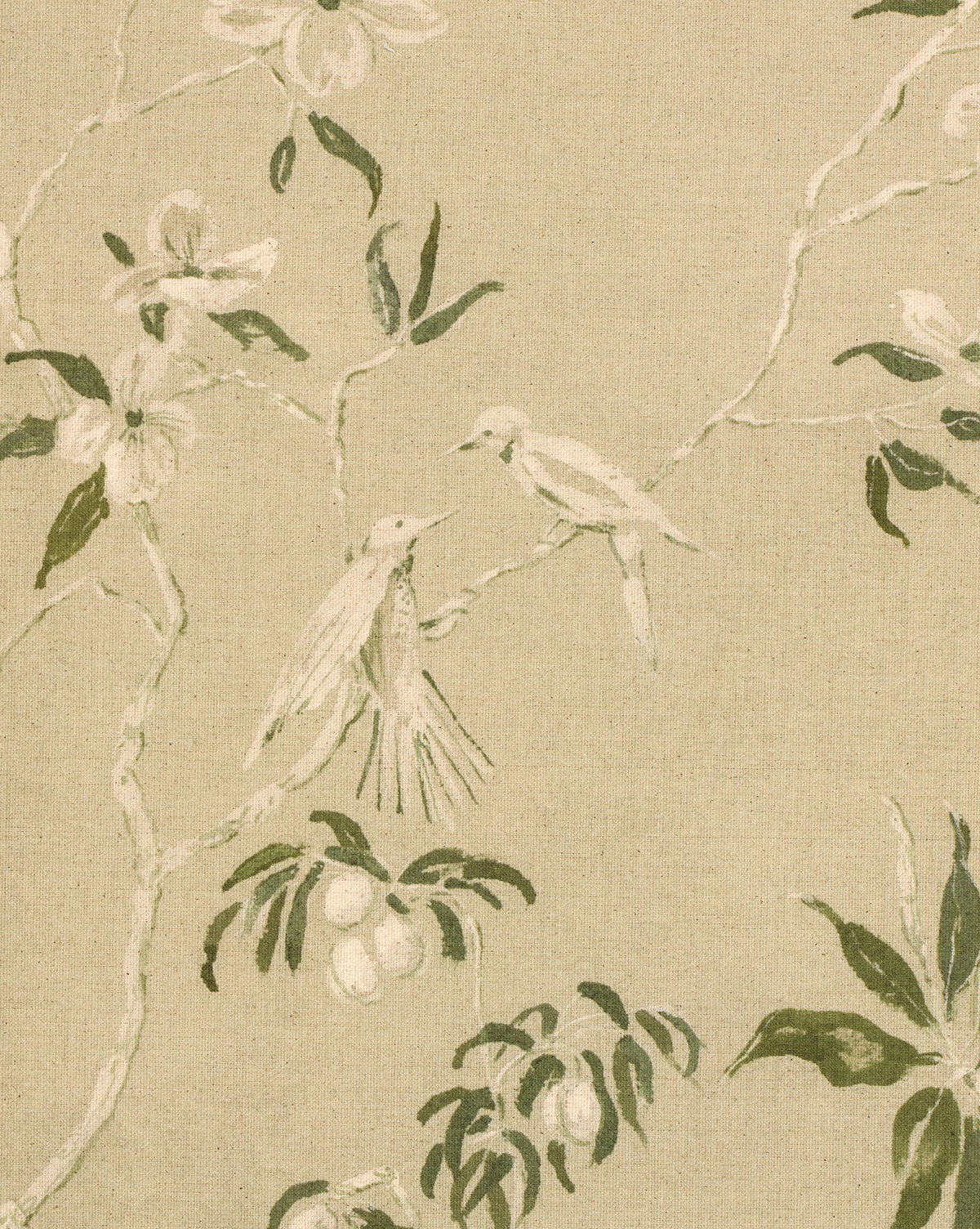 Linen Chinoiserie by Laurel-Dawn Latshaw features two birds perched on leafy branches with flowers and fruit against a beige textured backdrop, rendered in muted green and white for a modern, vintage-inspired look, by McGee & Co.