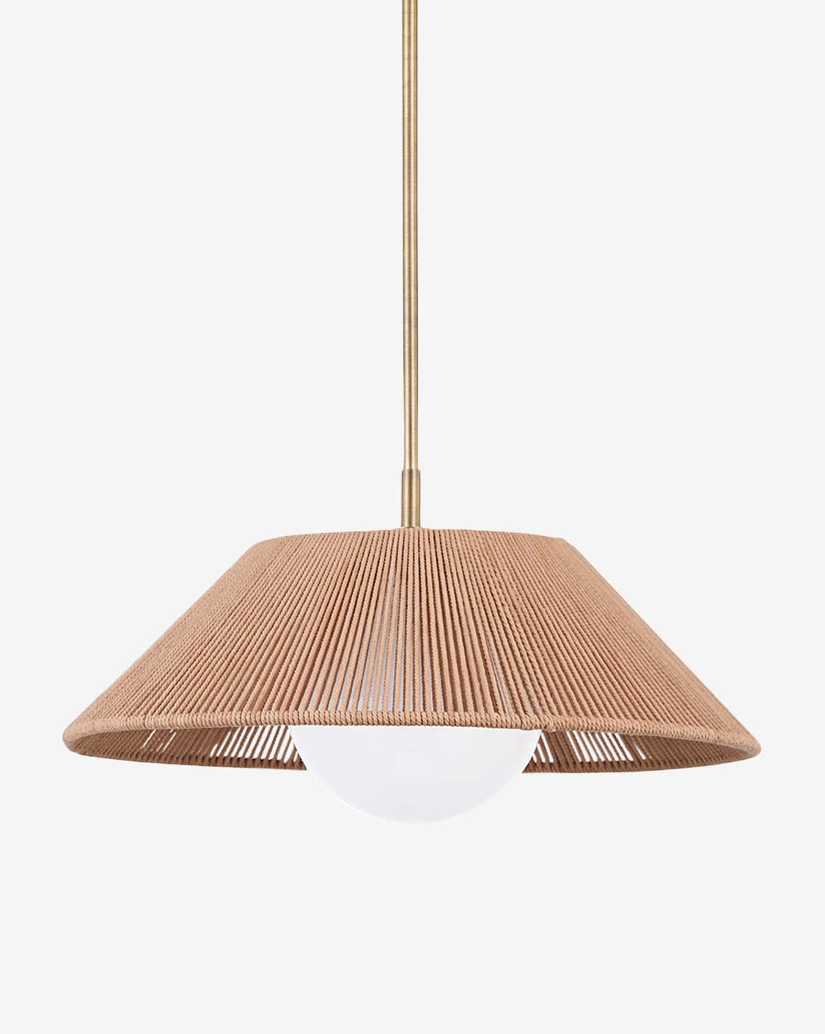 The Lisbon Pendant features a wide, conical woven cotton shade in natural tan, suspended from a patina brass rod with a round white bulb beneath, shown against a plain white background, by McGee & Co.