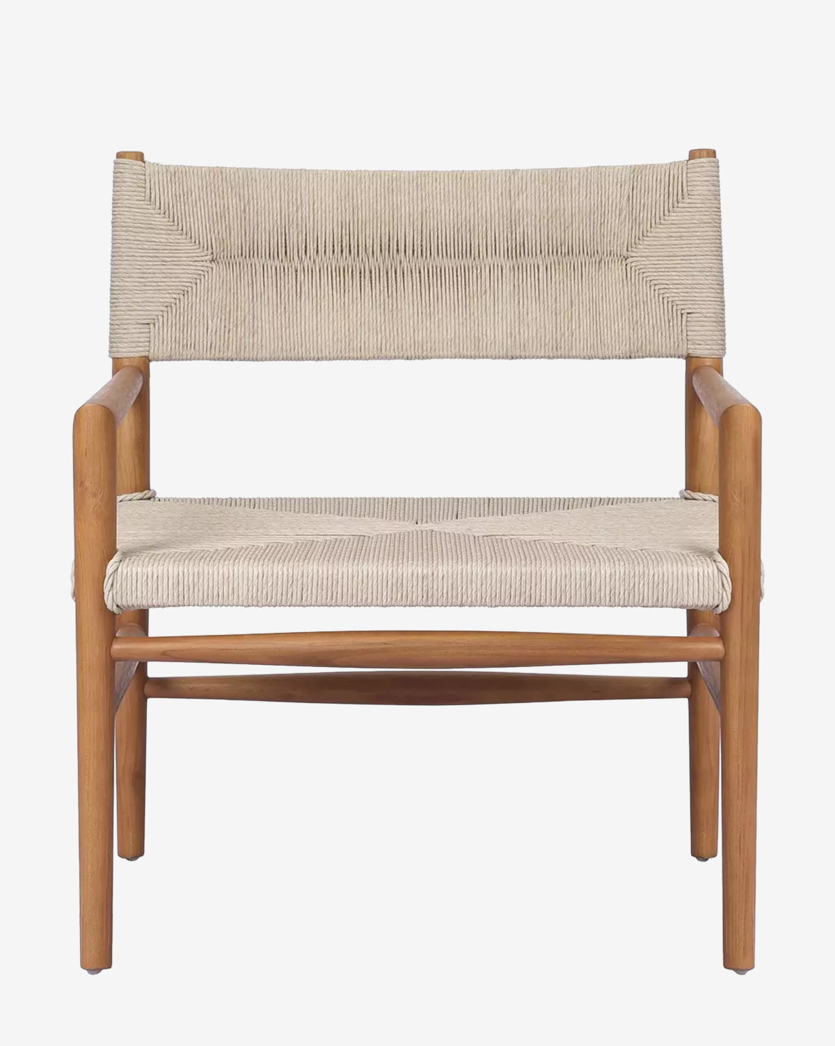The Lockridge Outdoor Chair, shown from the front on a plain white background, features a teak frame, woven rope seat and backrest, and straight armrests and legs, by McGee & Co.