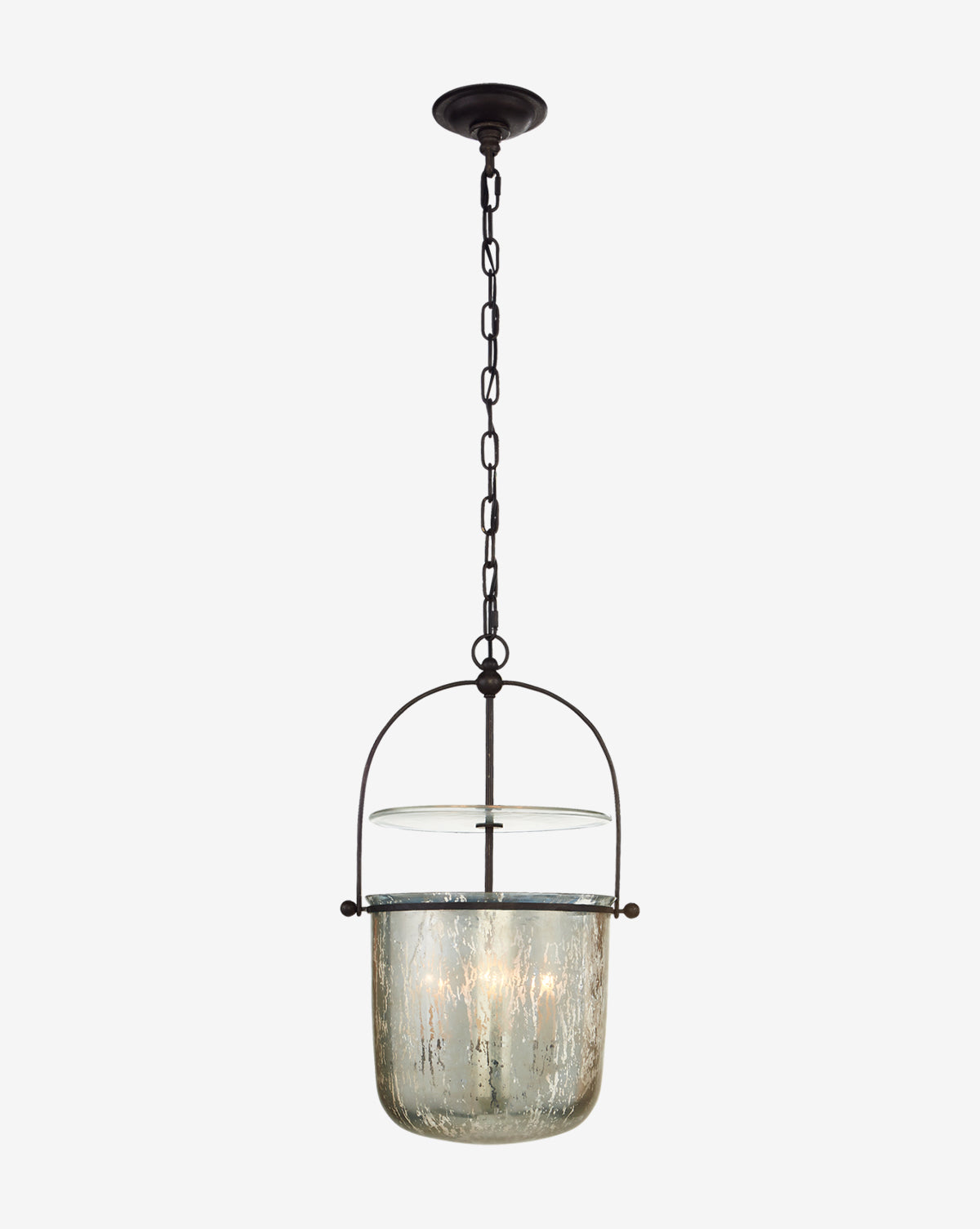 The Lorford Smoke Bell Lantern is a hanging pendant light with an aged iron chain and frame, featuring a clear, textured glass shade that surrounds the bulb, by McGee & Co.