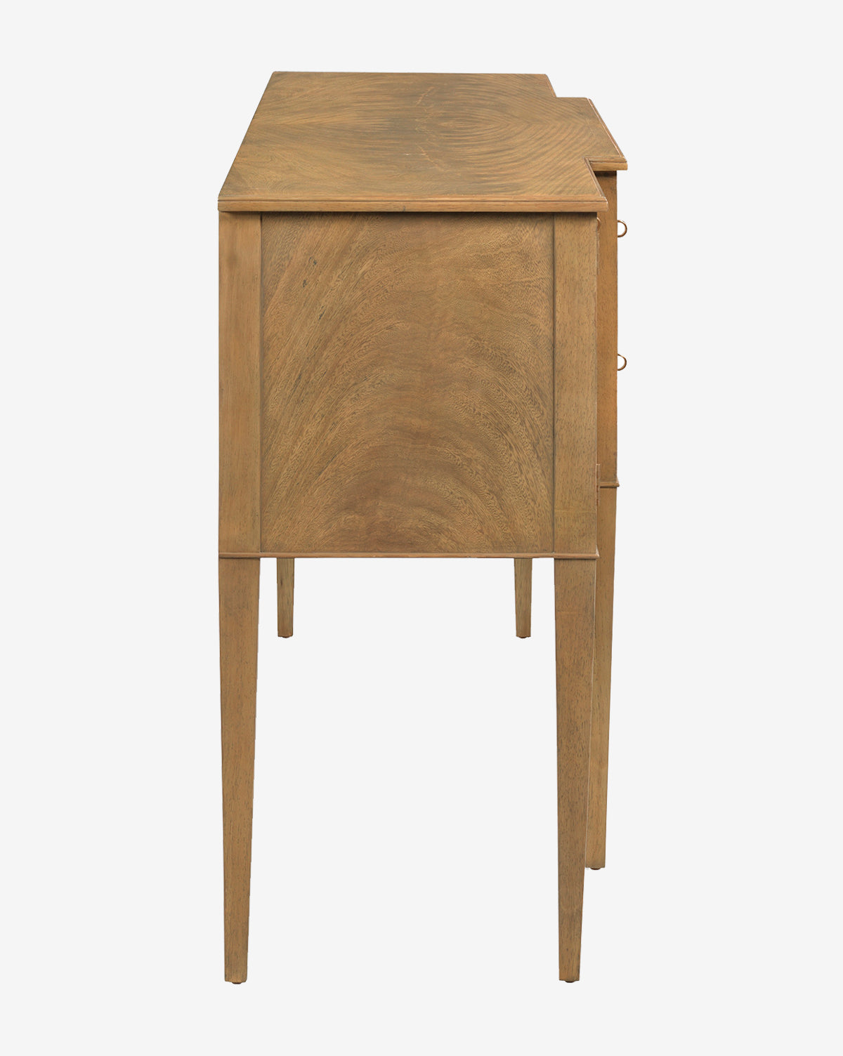 Side view of the Lowie Buffet, a wooden console table with straight legs and a smooth natural finish, showcasing Italian-inspired elegance. Partially visible drawer handles appear on the right side against a plain white background, by McGee & Co.