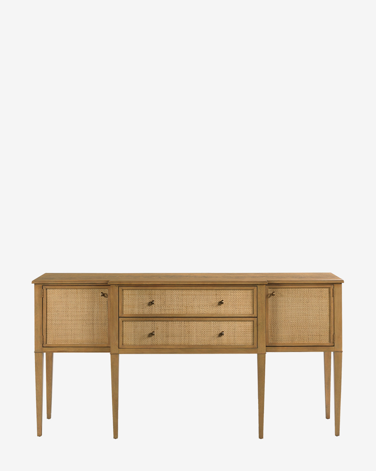 The Lowie Buffet is a wooden piece with four slim legs, two drawers, and two natural cane-front cabinet doors in a light natural wood finish, displayed against a plain white background by McGee & Co.