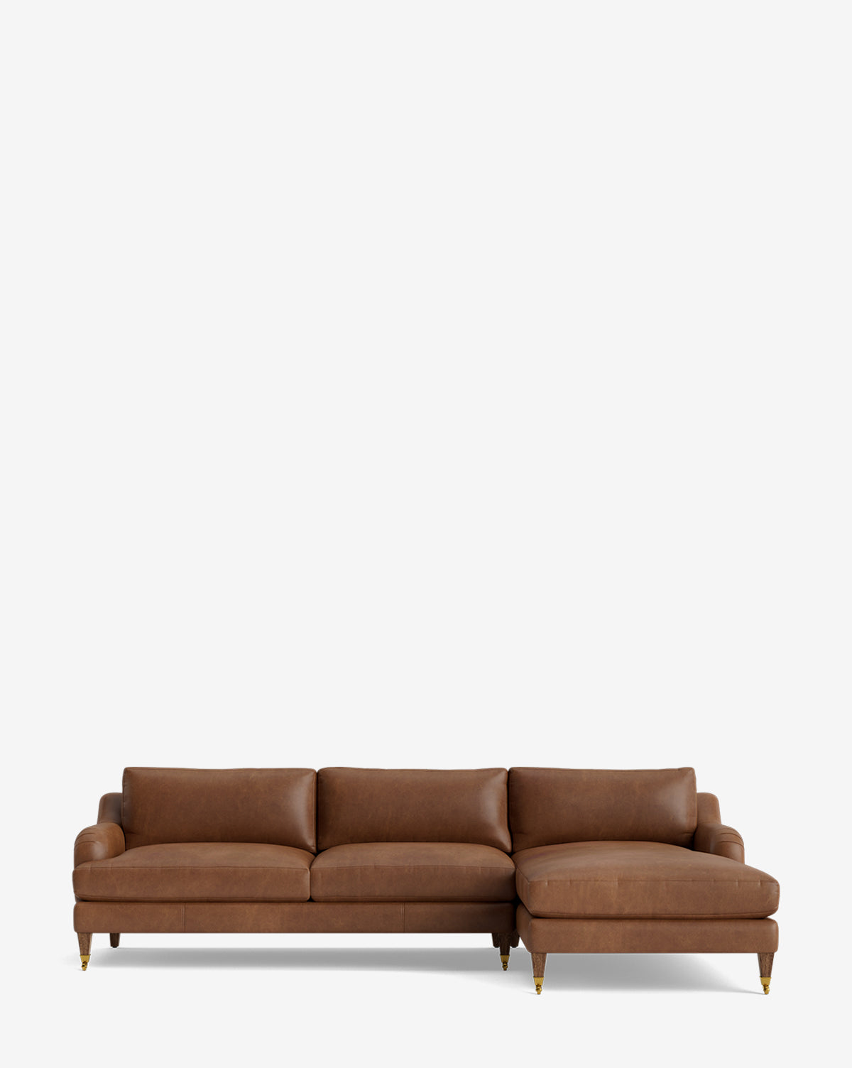 The Lucille English Roll Arm Right Chaise Sectional 107 features brown leather, three down-wrapped cushions, low arms, a right-facing chaise, and wooden legs with brass casters—shown against a plain white background by McGee & Co.
