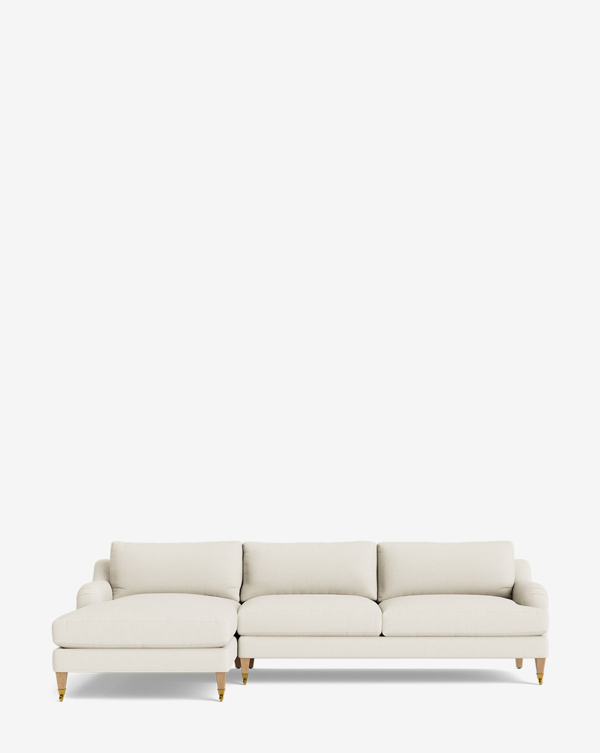 The Lucille English Roll Arm Left Chaise Sectional 107 is a modern, light beige customizable sofa with a left-facing chaise, three seat and back cushions, and wooden legs, shown on a plain white background by McGee & Co.