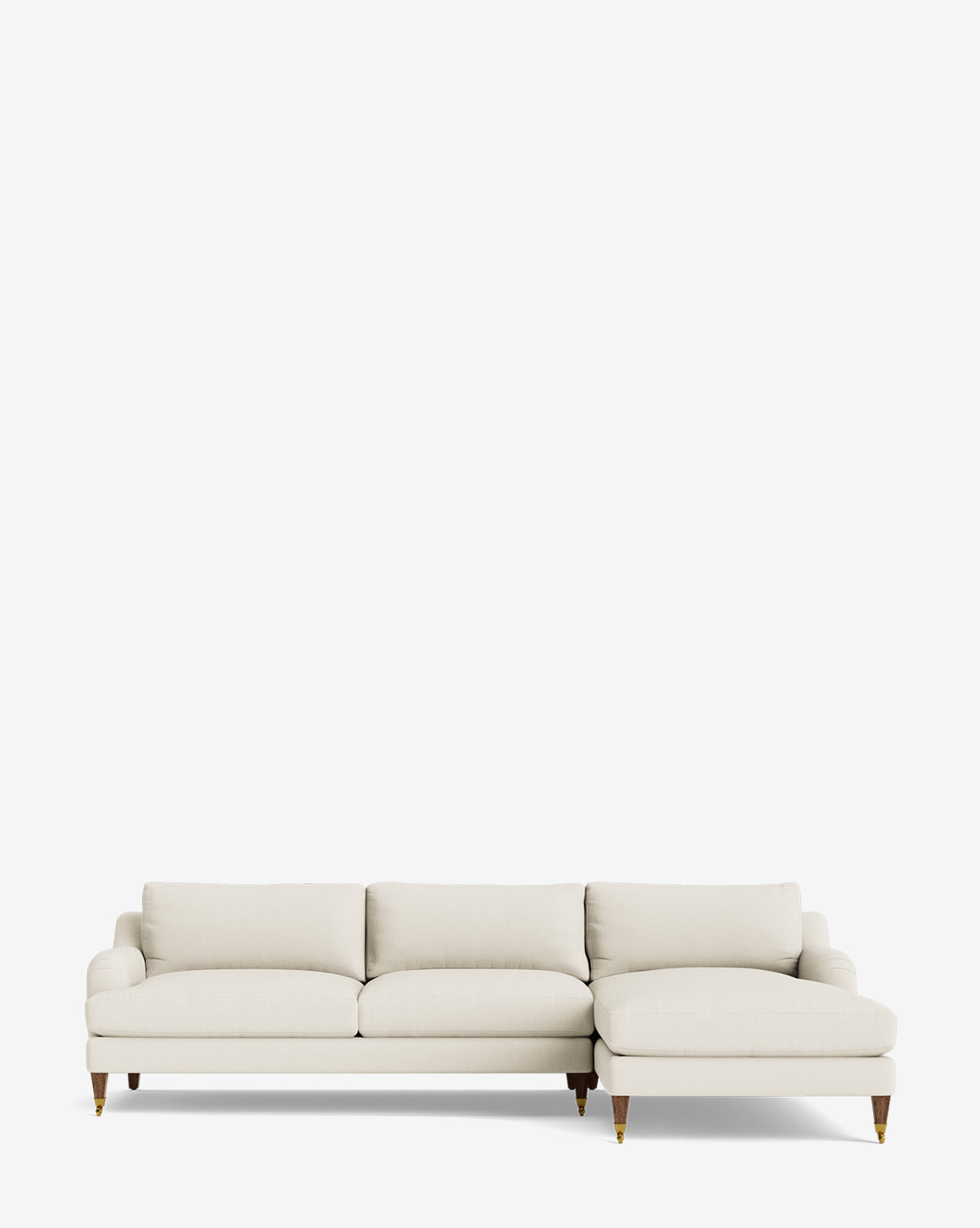 The Lucille English Roll Arm Right Chaise Sectional 107 features a cream color, wooden legs, and plush down-wrapped cushions, with a right-side customizable chaise, shown against a plain white background, by McGee & Co.
