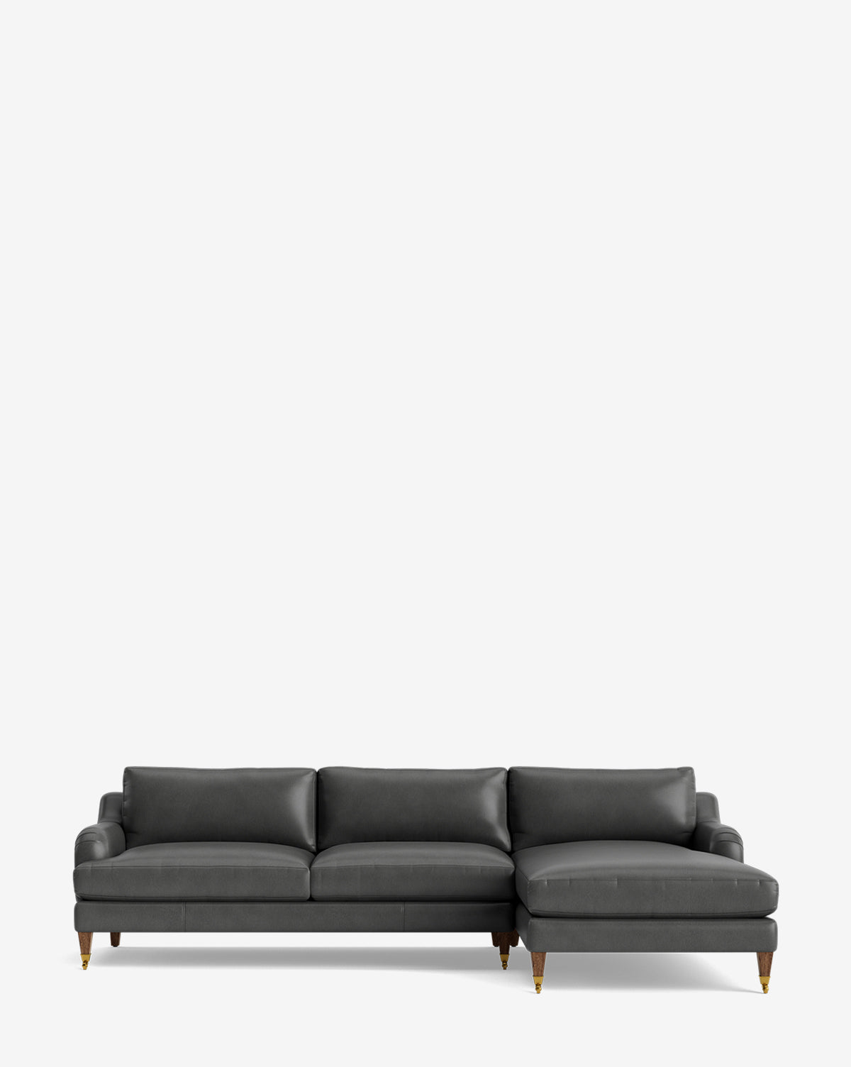 Lucille English Roll Arm Right Chaise Sectional 107 in dark gray features three seat cushions, a right-side chaise lounge, down-wrapped cushions, and short wooden legs with gold feet, shown against a plain white background by McGee & Co.