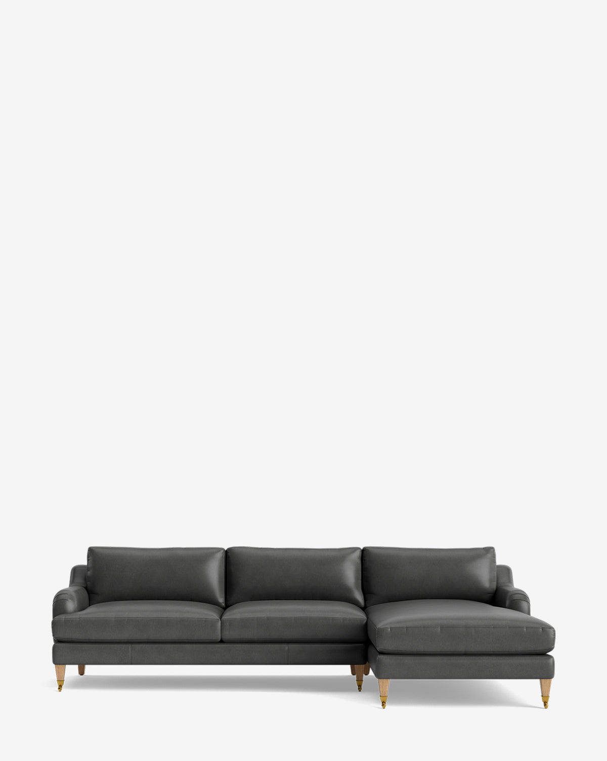 The Lucille English Roll Arm Right Chaise Sectional 107 is a modern dark gray sofa with three down-wrapped cushions, a right-side chaise lounge, and wooden legs with gold caps, displayed against a plain white background by McGee & Co.