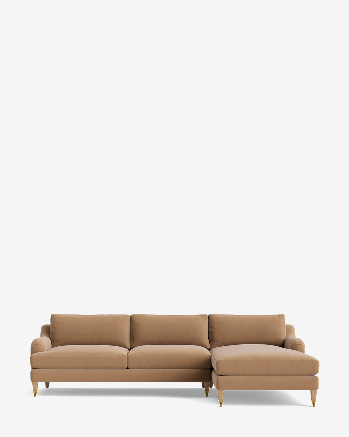 The Lucille English Roll Arm Right Chaise Sectional 107 is a tan customizable sofa with three down-wrapped cushions, a right-side chaise lounge, and wooden legs with gold tips, shown on a plain white background by McGee & Co.
