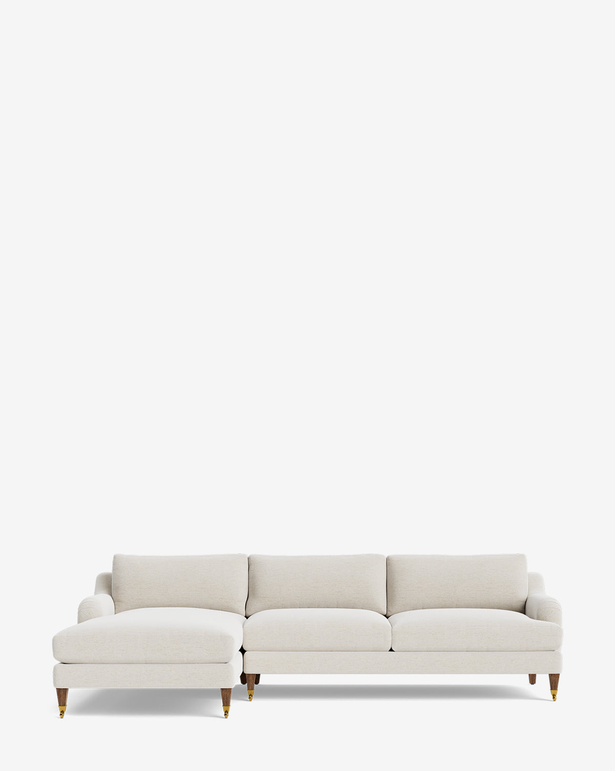 The Community Lucille English Roll Arm Left Chaise Sectional 107 features a modern, light beige design with three down-wrapped cushions, wooden legs with brass casters, and a customizable left-side chaise lounge set against a plain white background. McGee & Co.