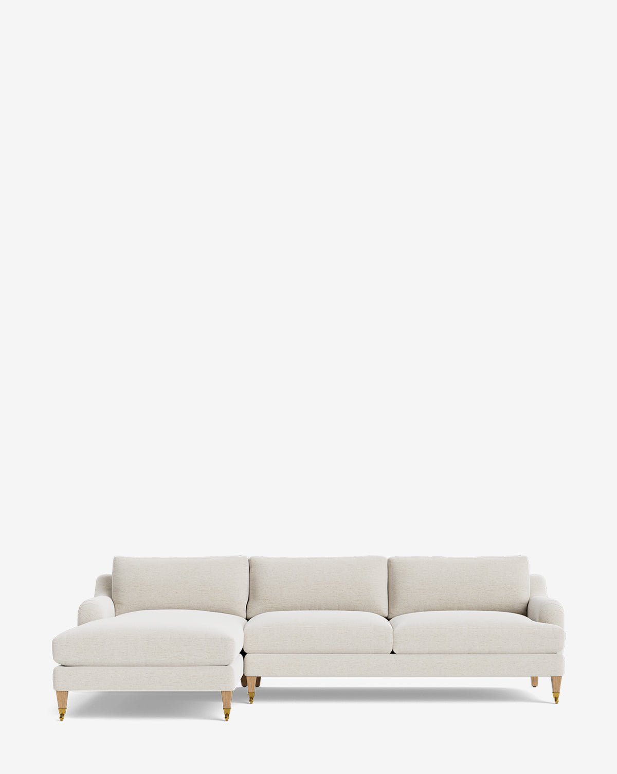 The Community Lucille English Roll Arm Left Chaise Sectional 107 features light beige upholstery, plush down-wrapped cushions, and wooden legs with gold-tone caps, shown here against a plain white background. McGee & Co.